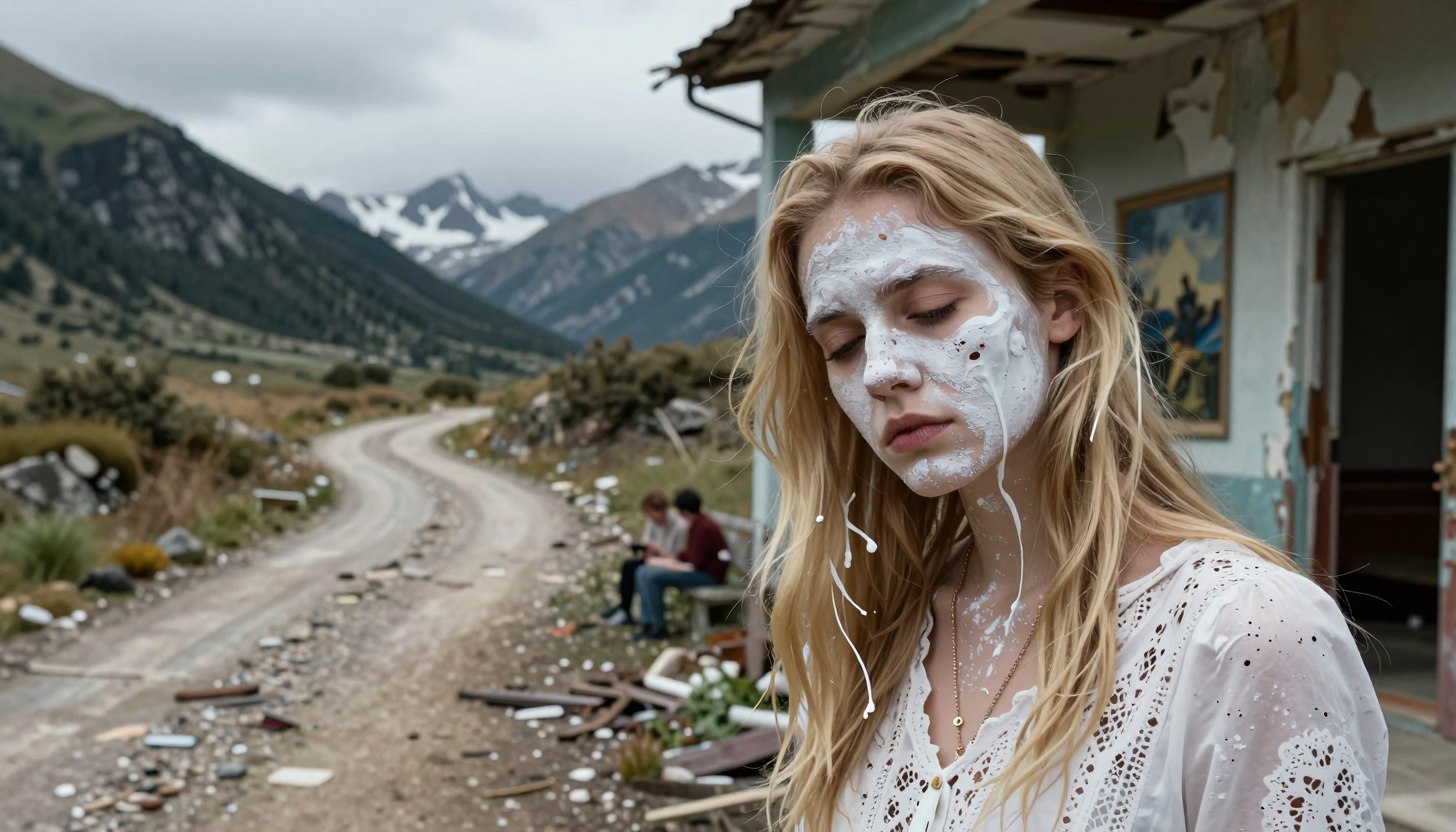 A woman with white face paint stands outside an abandoned building in a scenic mountain landscape.