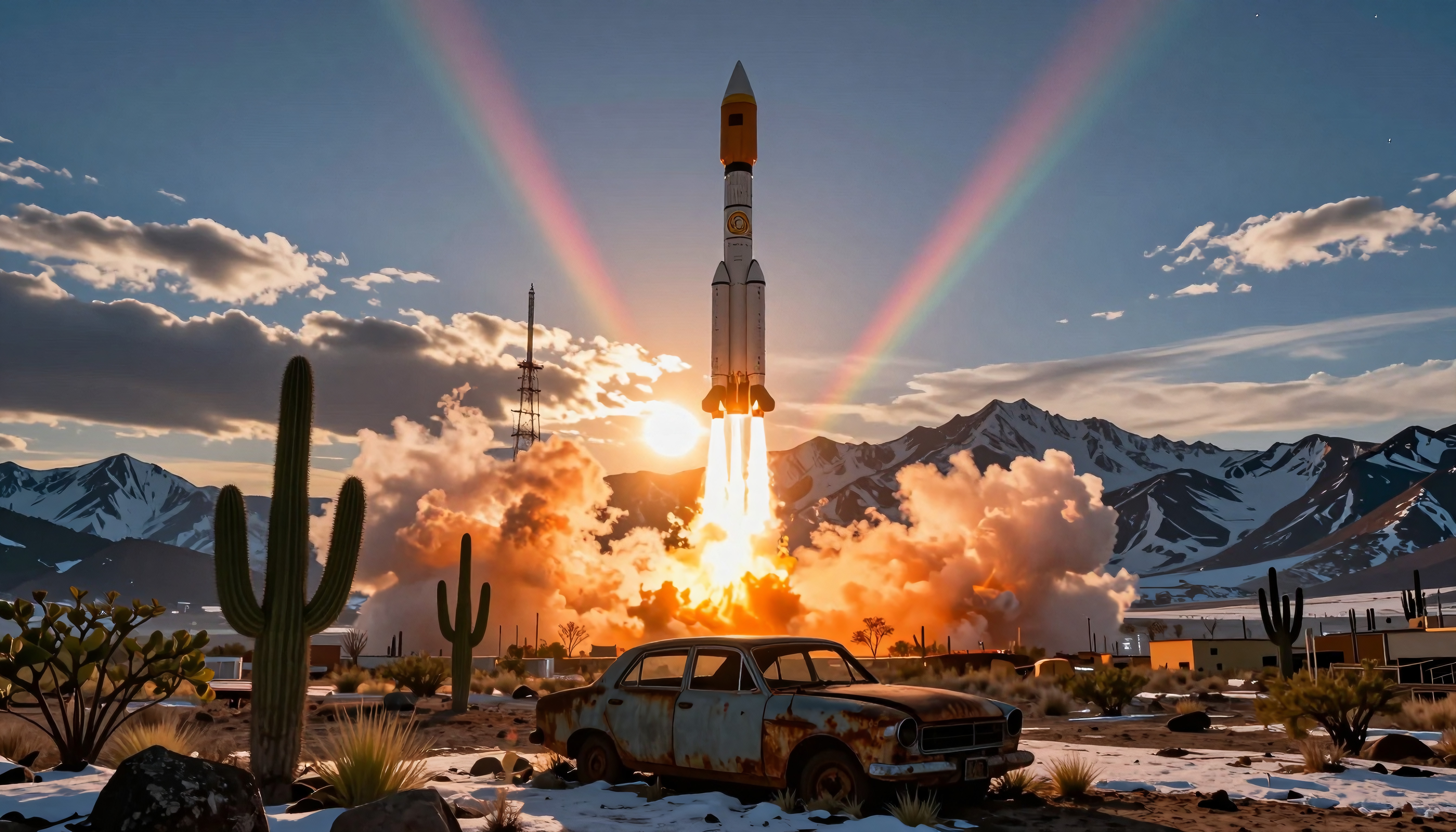 A rocket launches against a stunning desert sunset, with mountains, cacti, and a rainbow.