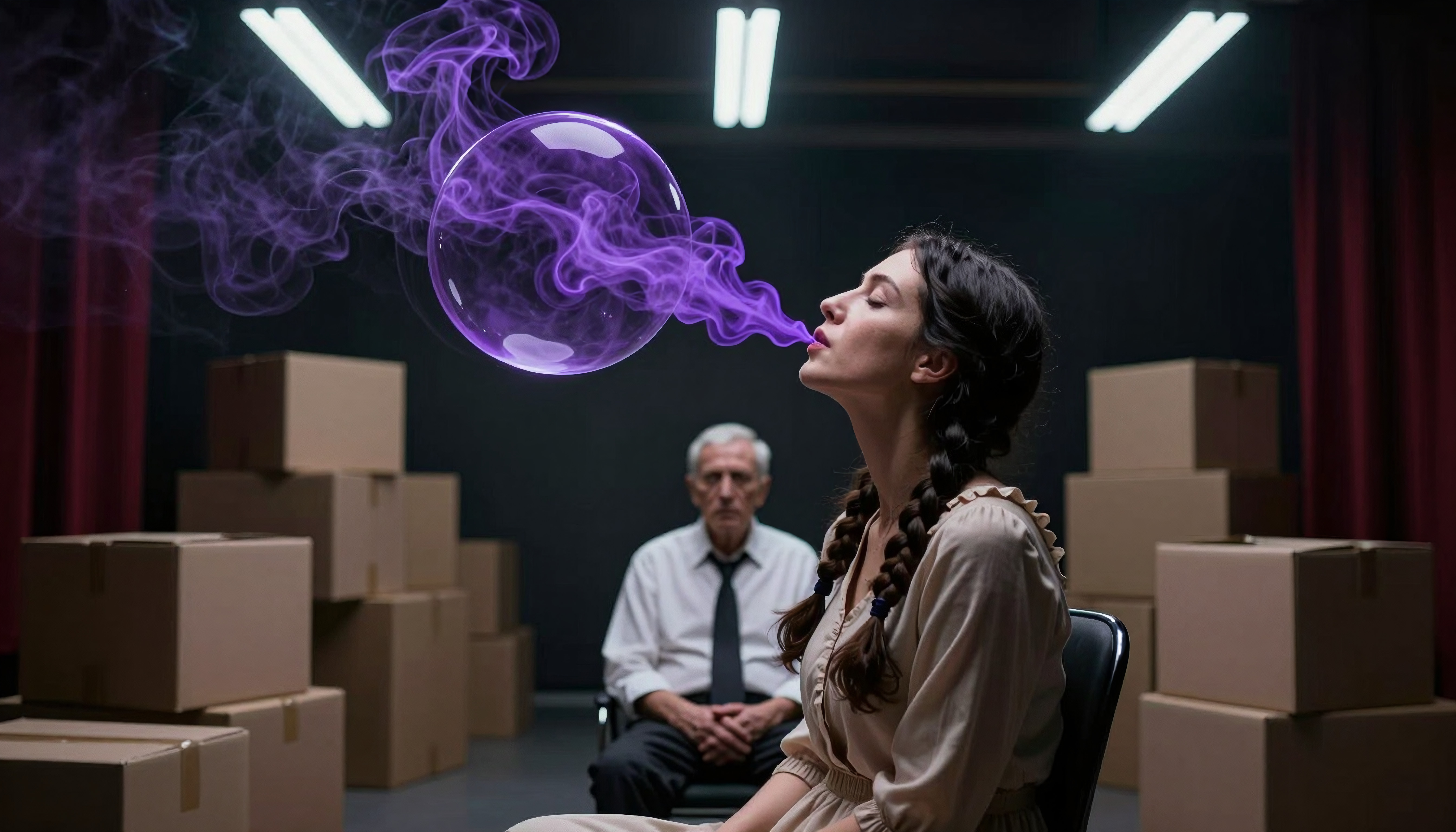 Woman blowing purple smoke bubble surrounded by cardboard boxes and observing man