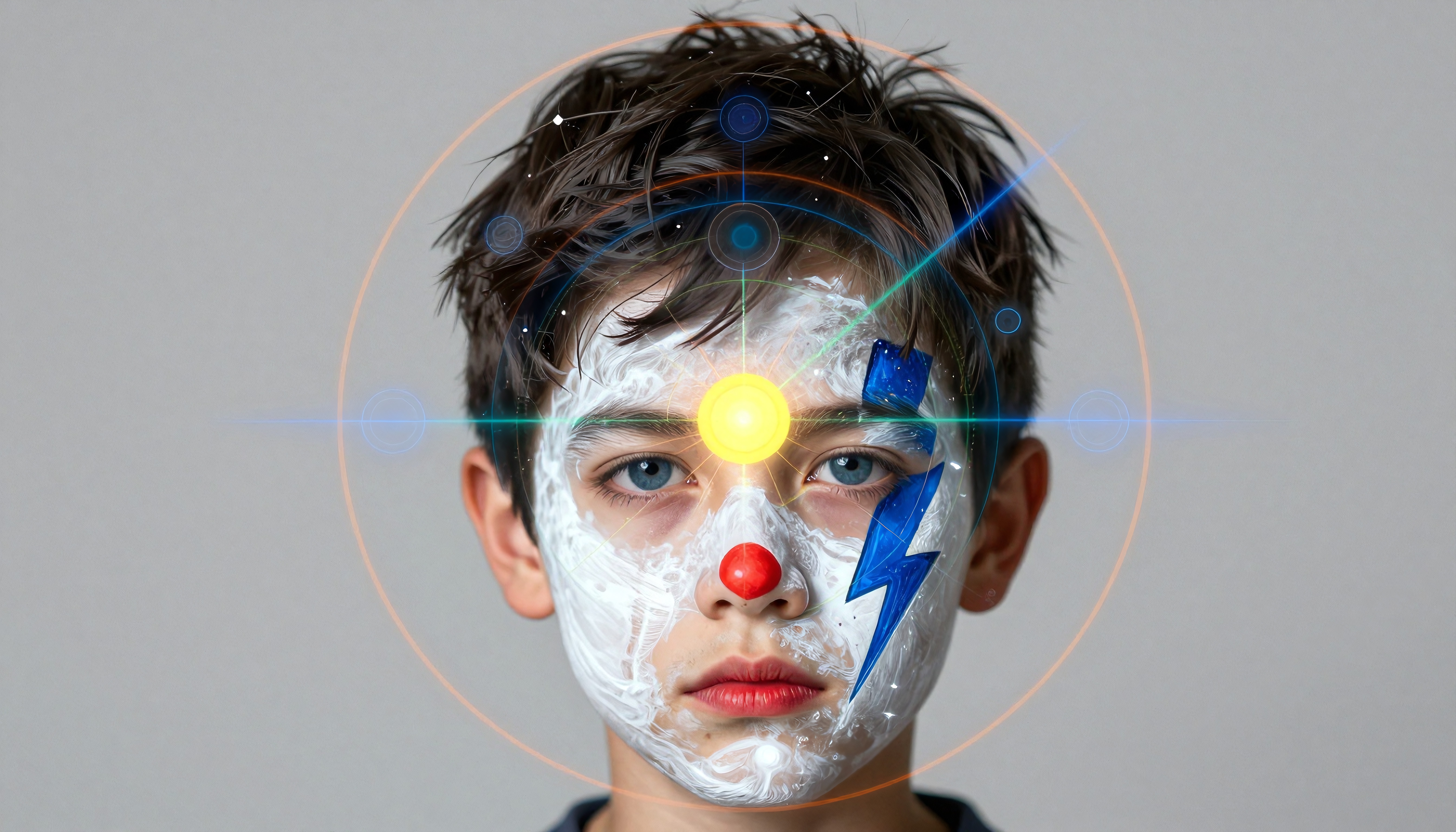 Young boy with face paint, featuring blue lightning bolt and digital effects, with intense gaze.