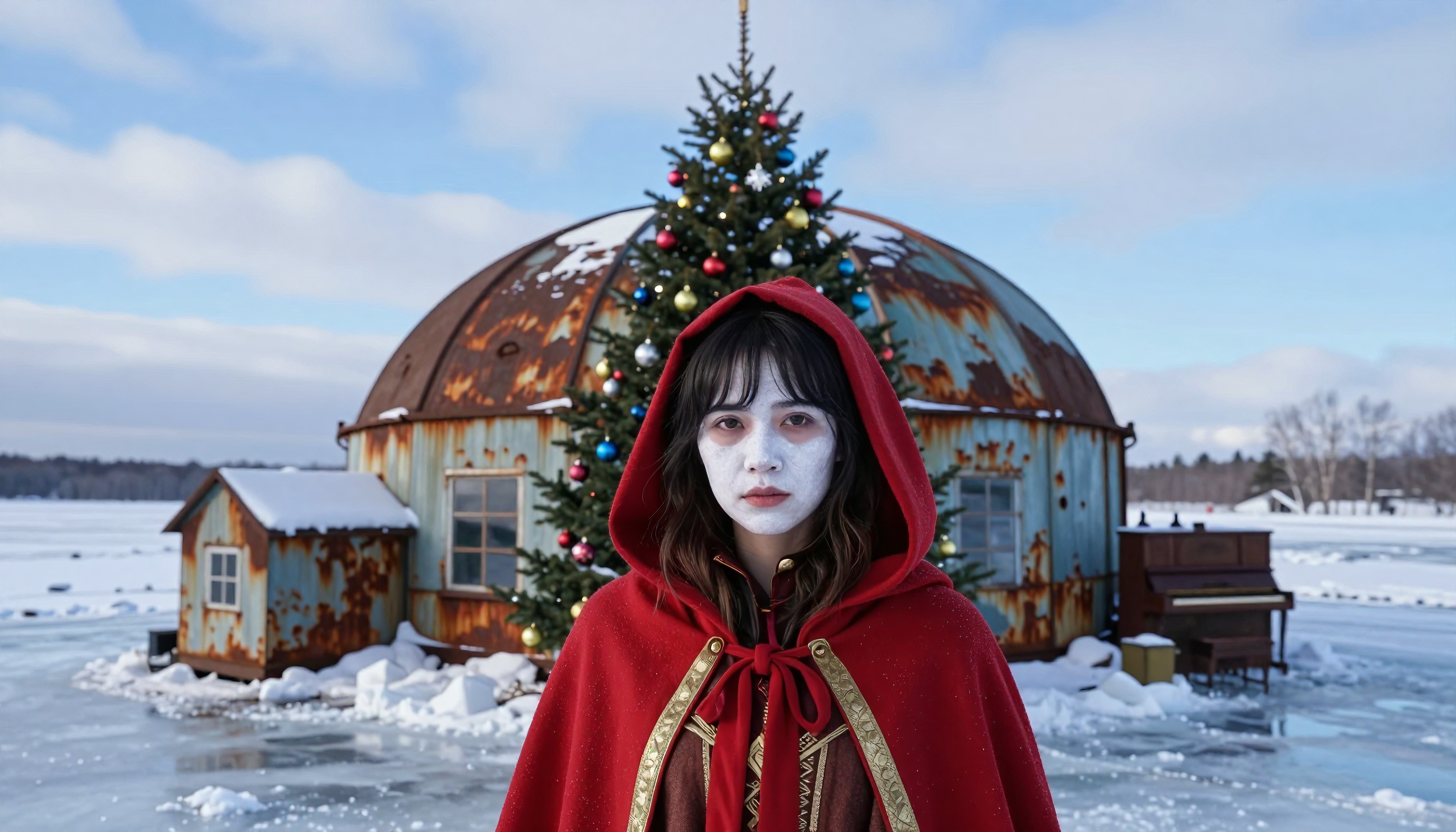 A woman in a red cloak stands on an icy landscape with a Christmas tree and rustic shack behind her.