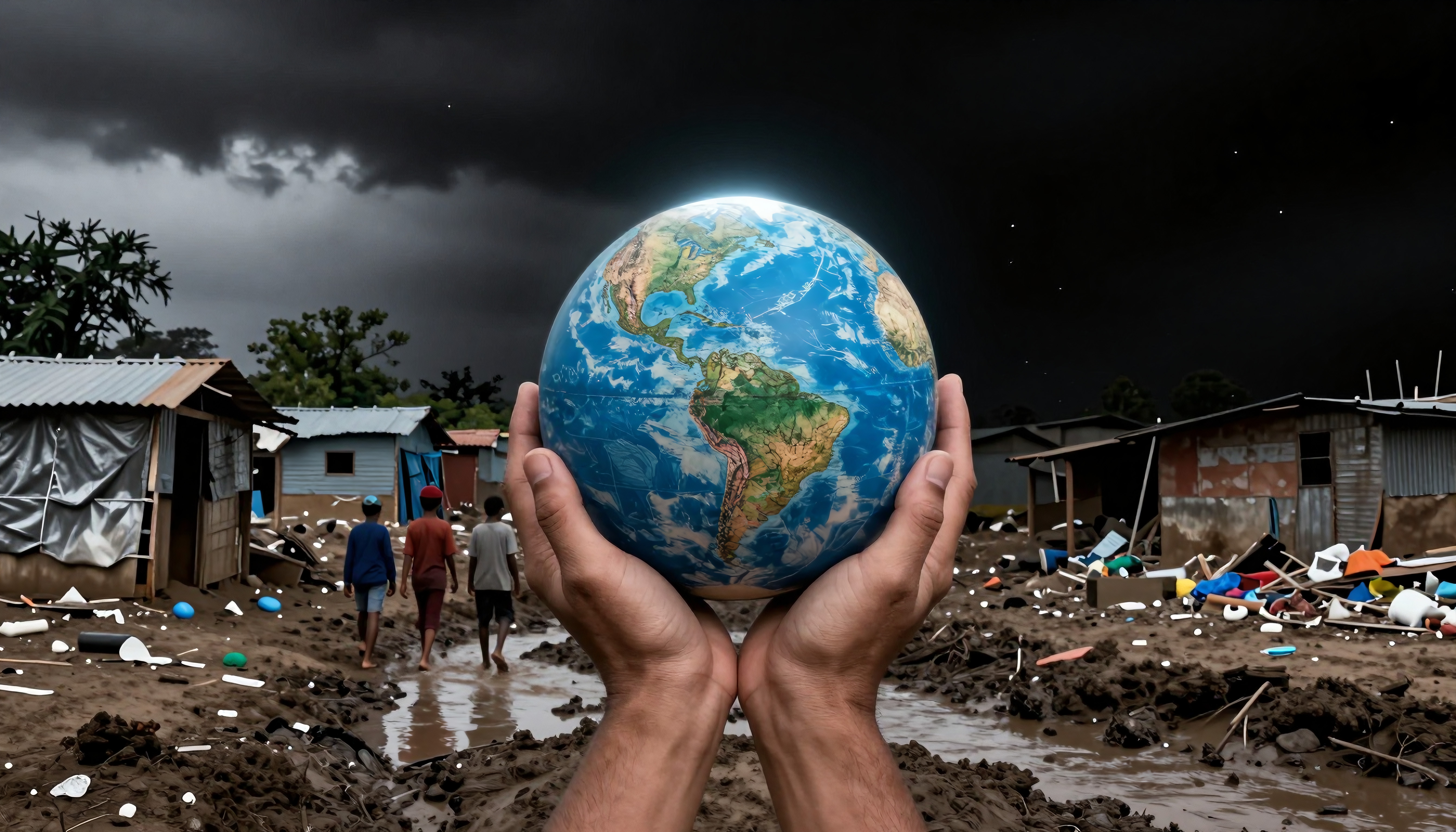 Hands hold globe over a flooded, debris-laden area, symbolizing climate impact and responsibility.