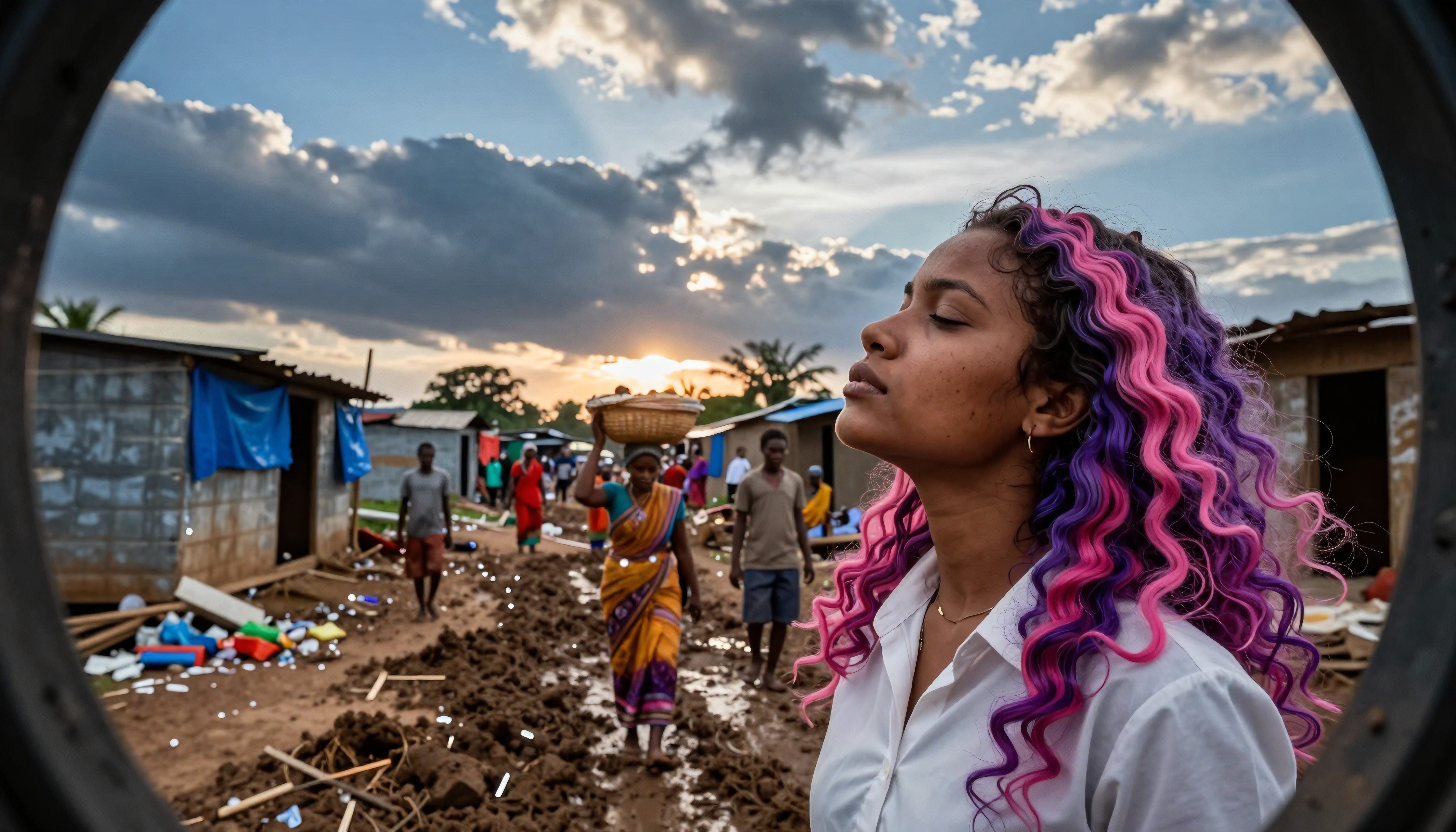 A woman with colorful hair stands calmly in a rural village at sunset, surrounded by daily life and glowing sky.