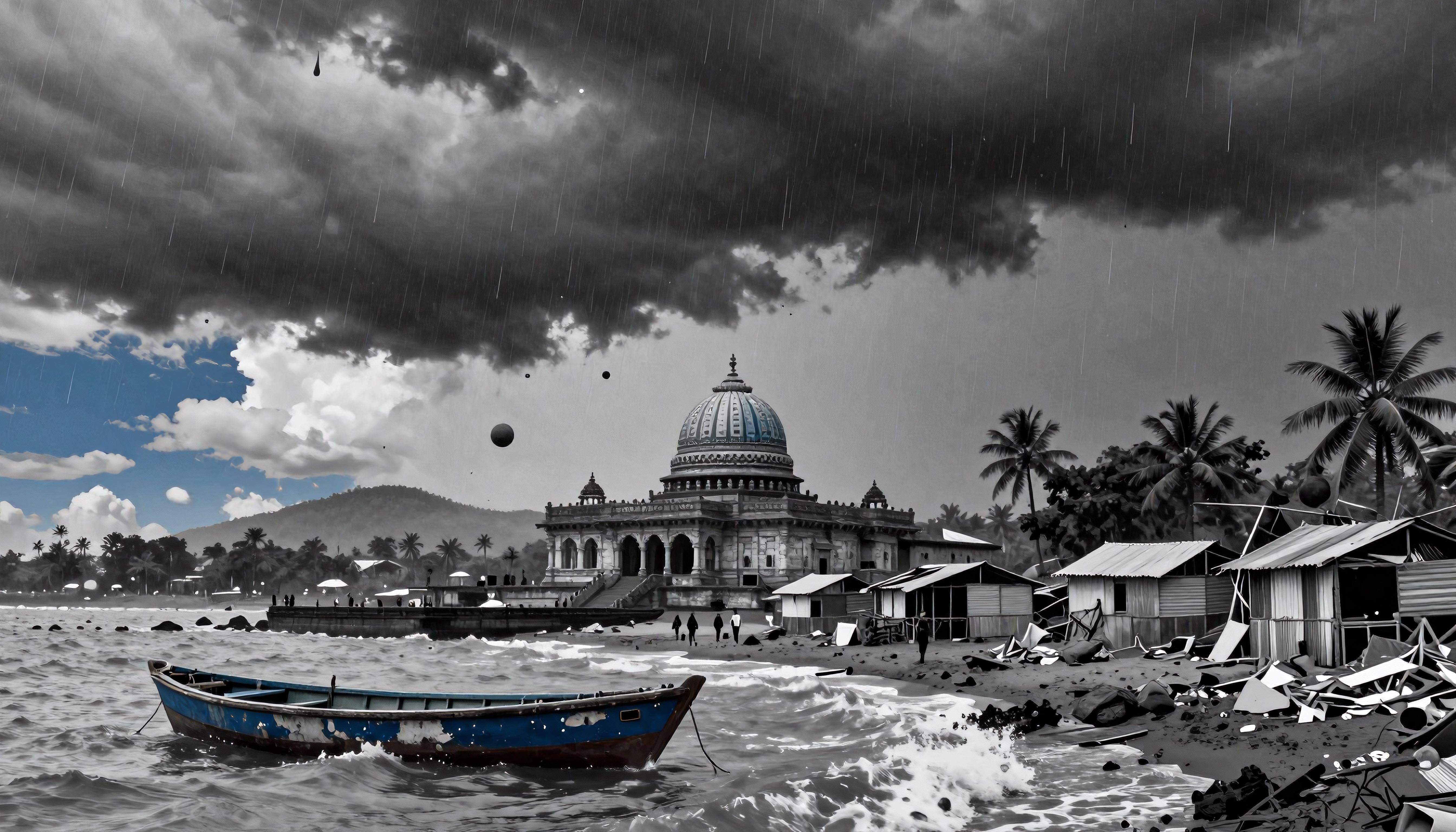 A fishing boat on stormy waters with a domed building and huts along a tropical beach.