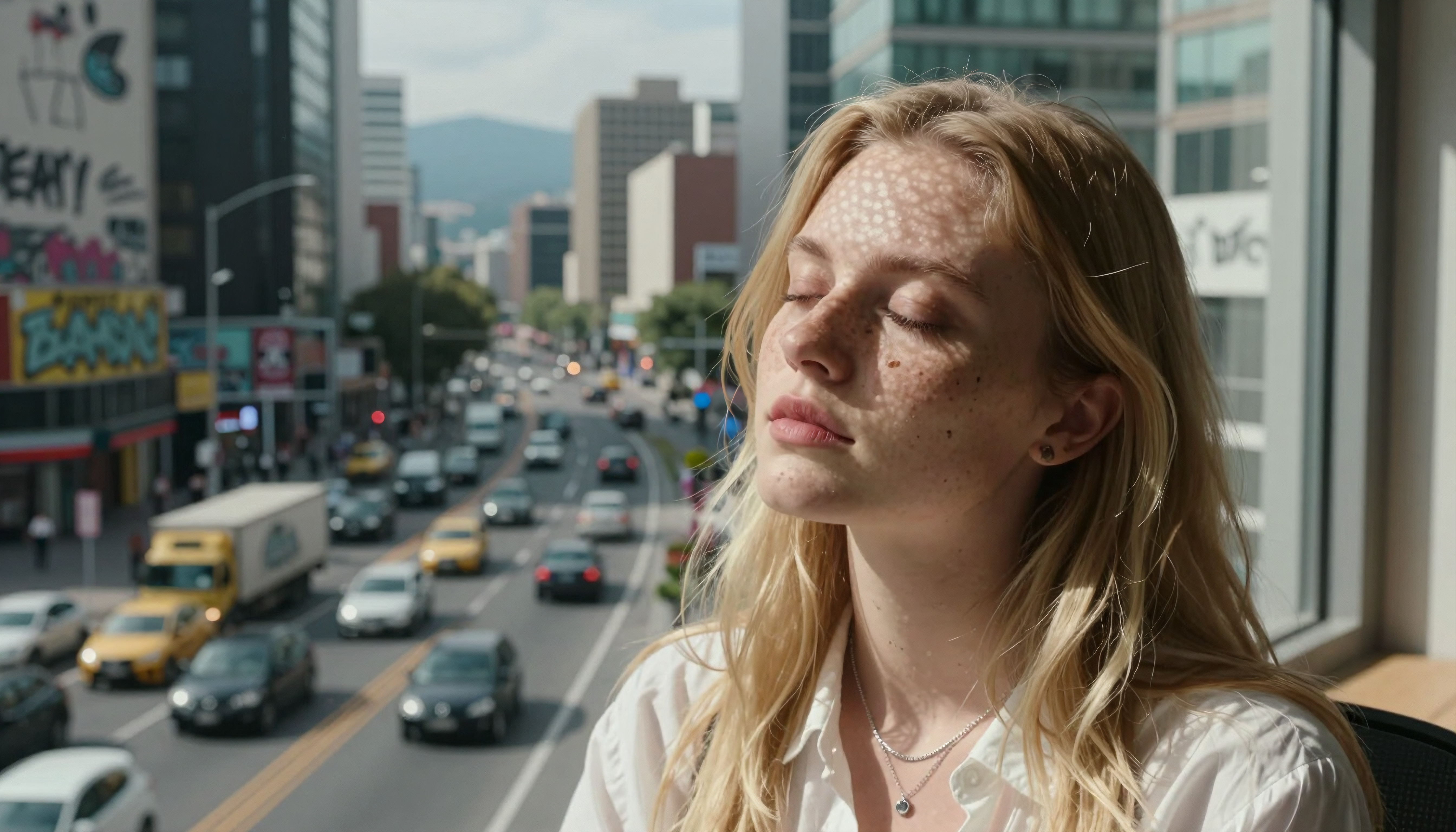 Woman relaxing indoors watching busy city street from sunny window