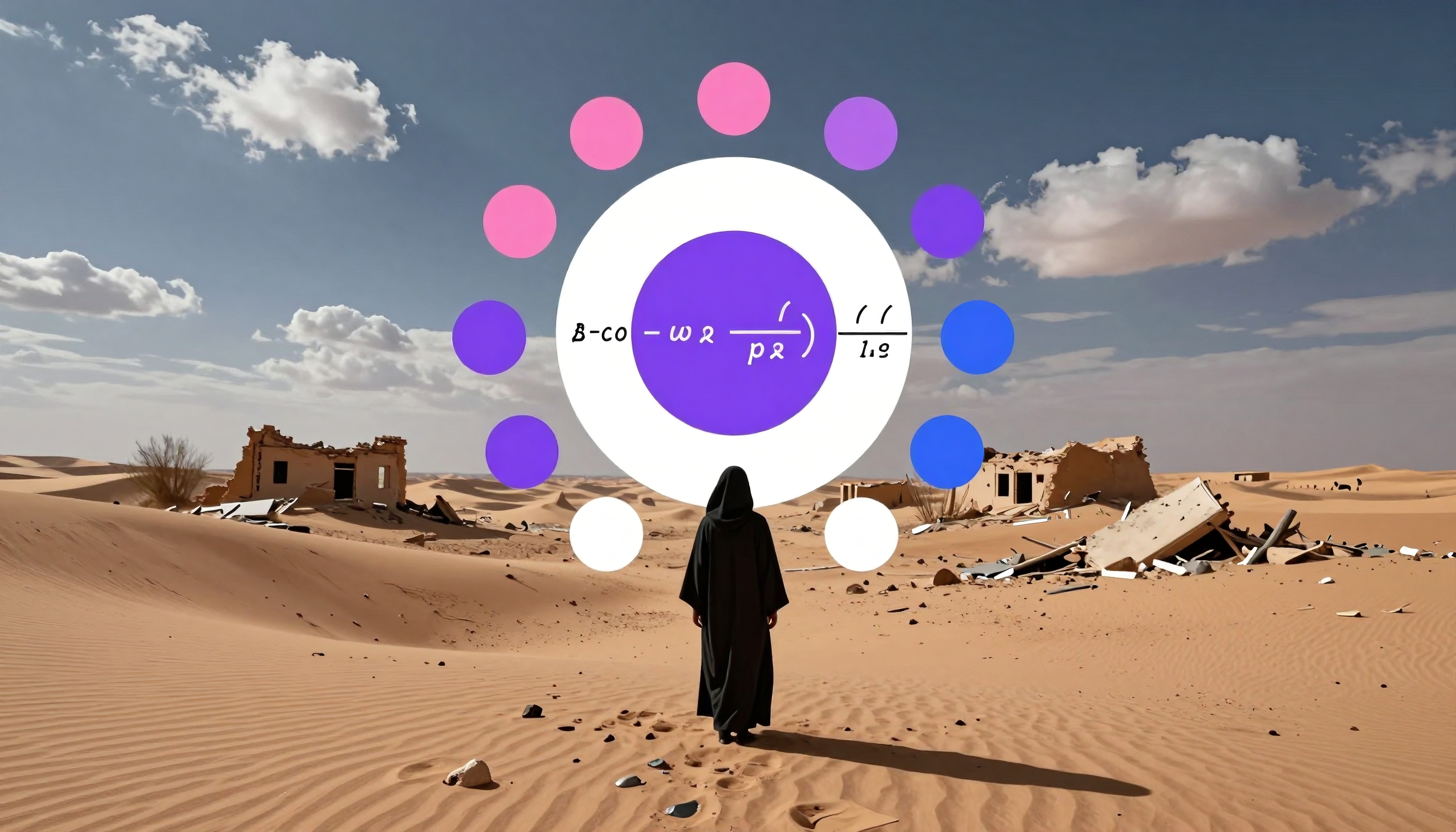 A cloaked figure stands in a desert, surrounded by ruins and an abstract graphic featuring colorful dots and mathematical symbols in the bright sky.