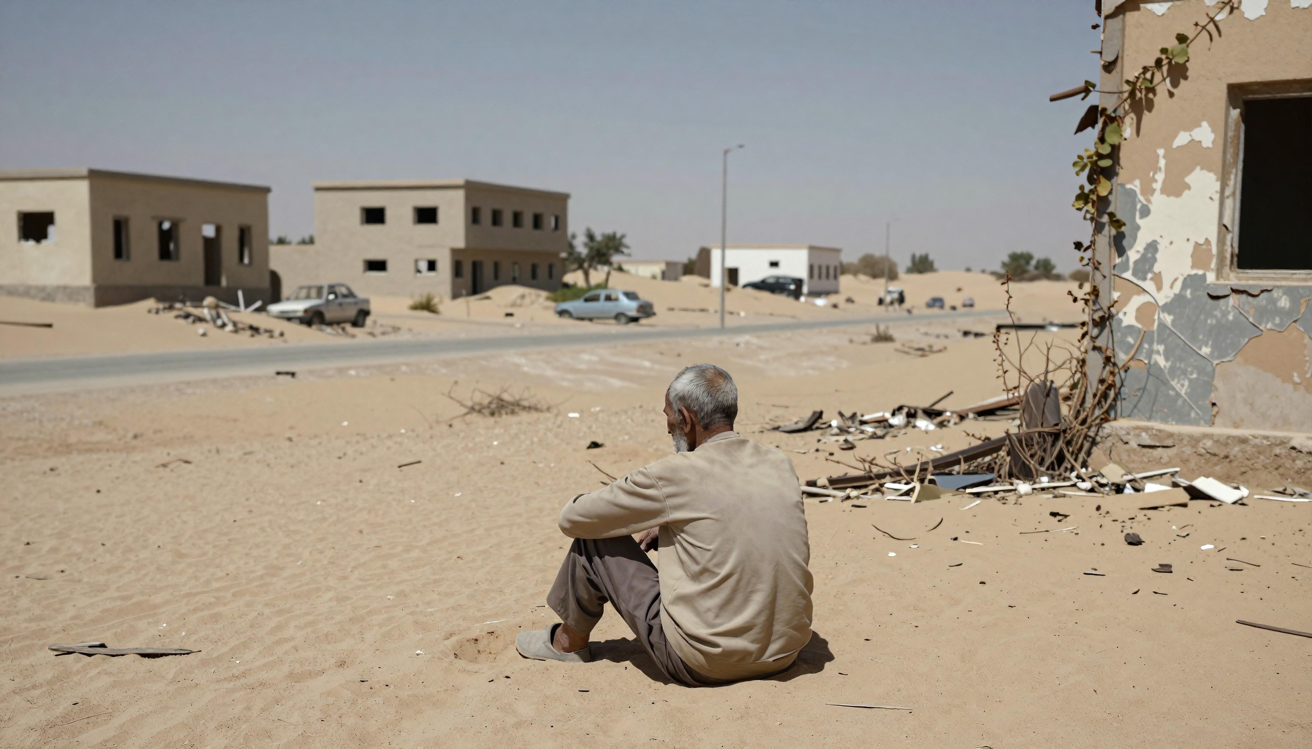 A man sits alone in a sandy desert setting, surrounded by abandoned buildings and debris under a vast blue sky.