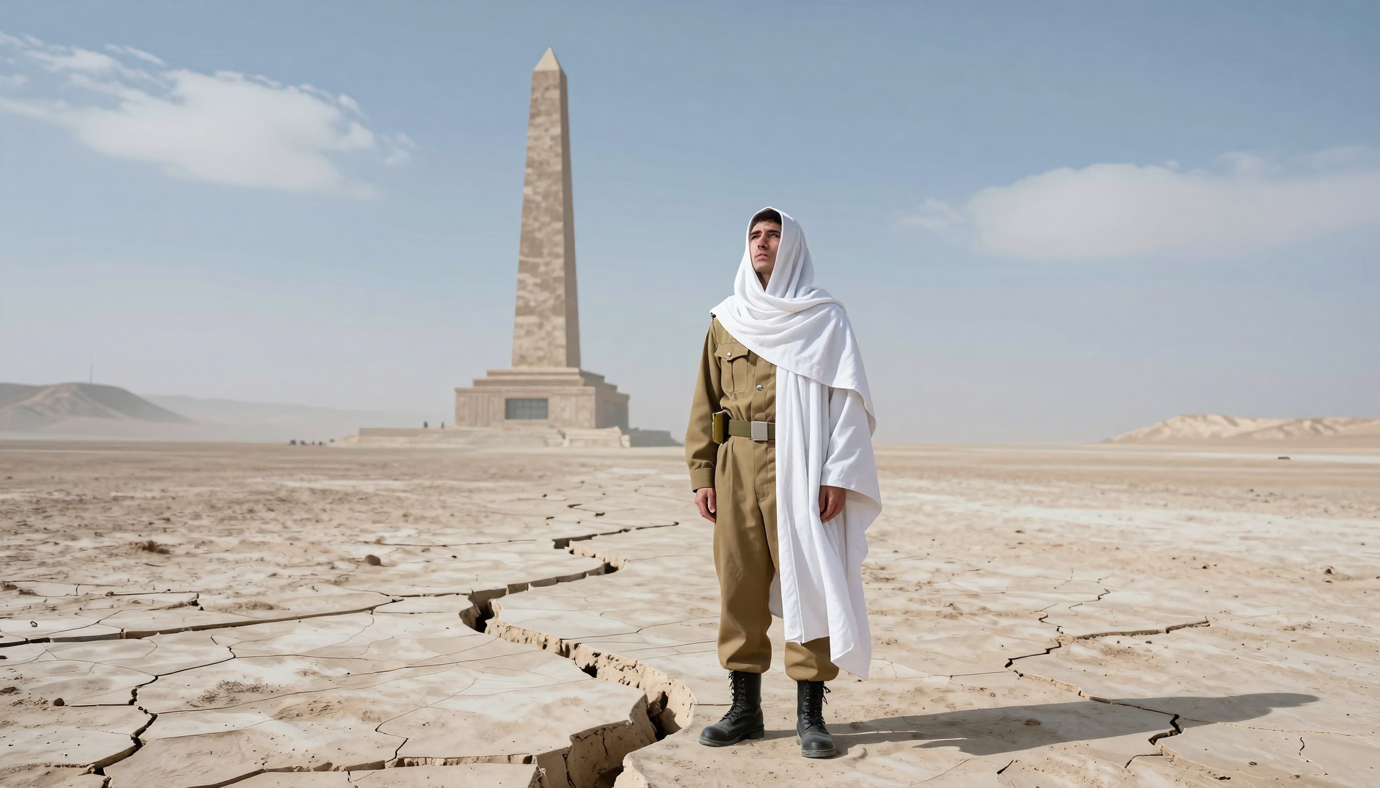 Person in military uniform and scarf stands in cracked desert by tall obelisk.