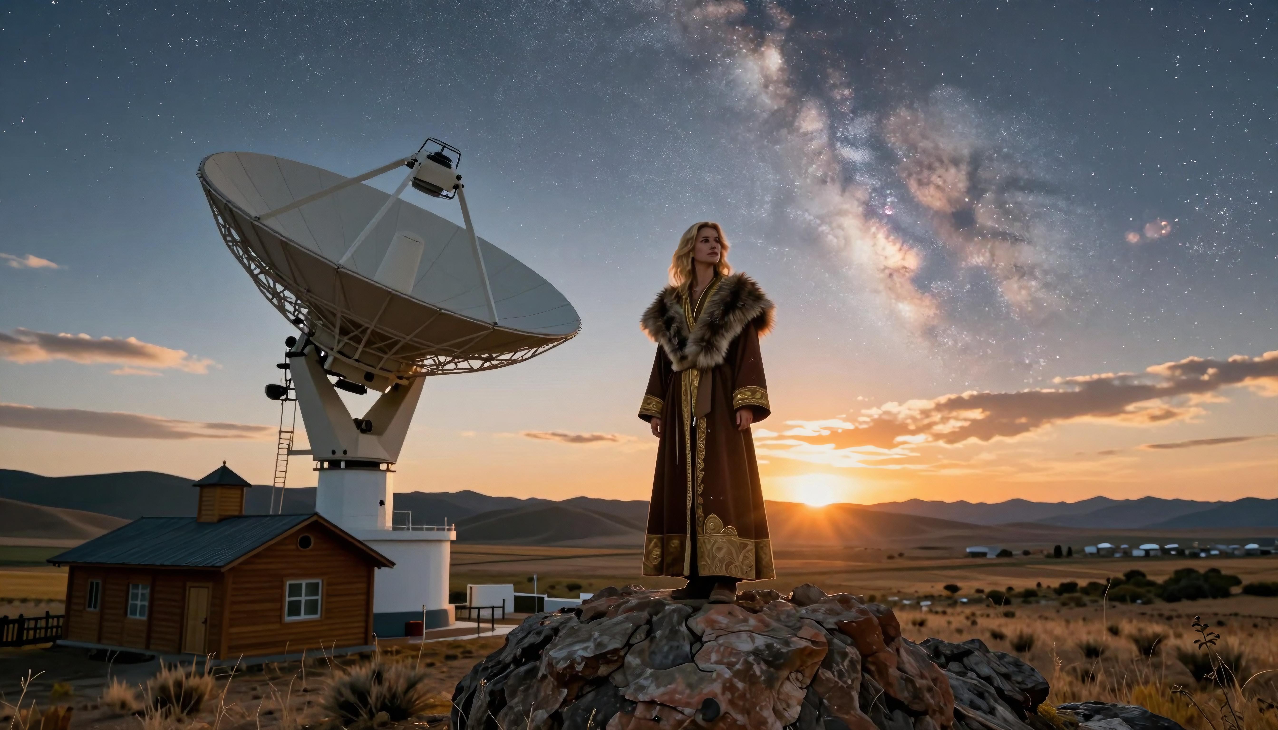 A woman stands by a radio telescope under a starry sky with a sunset backdrop.