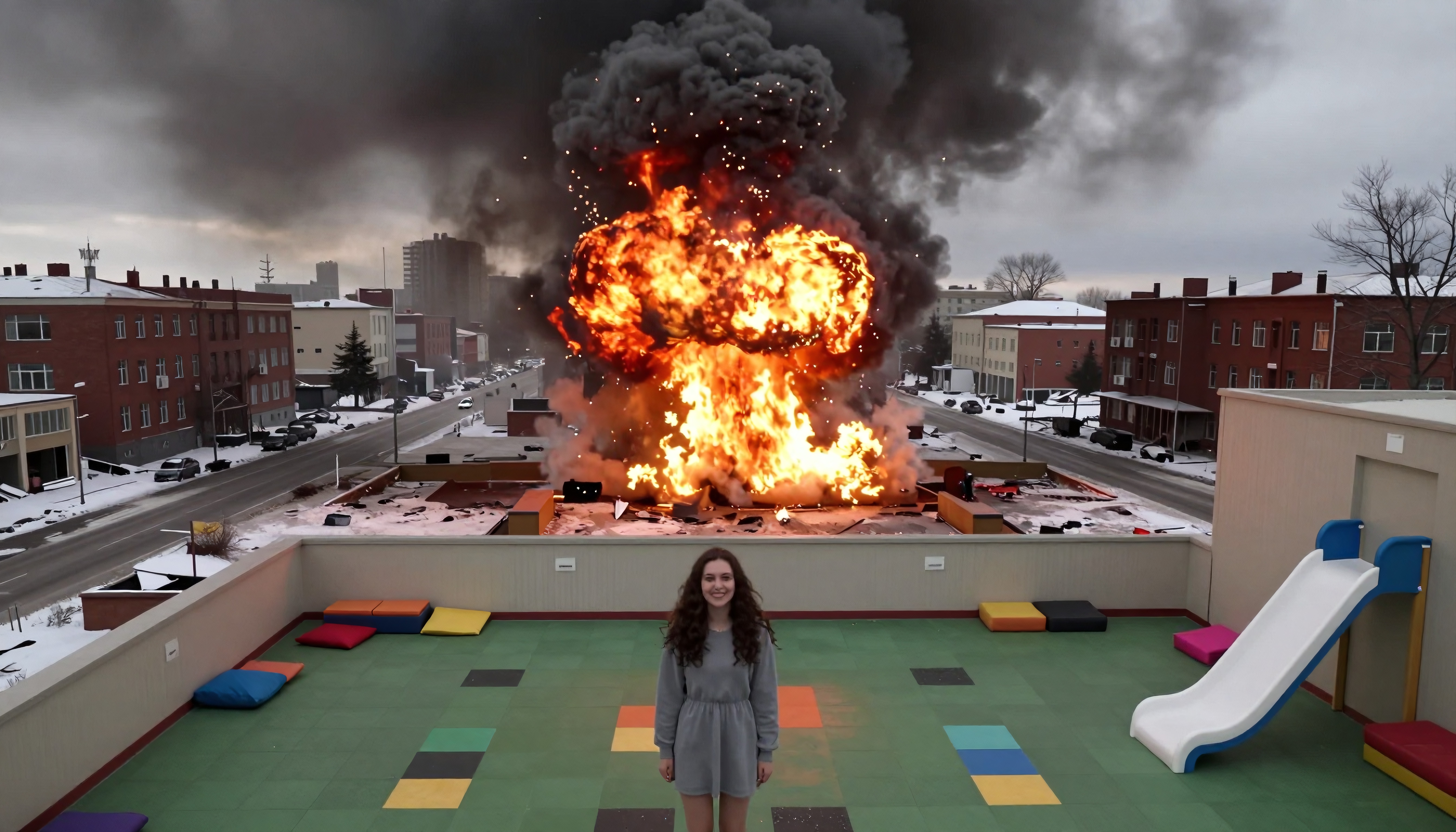 Young woman on rooftop playground with dramatic explosion behind.