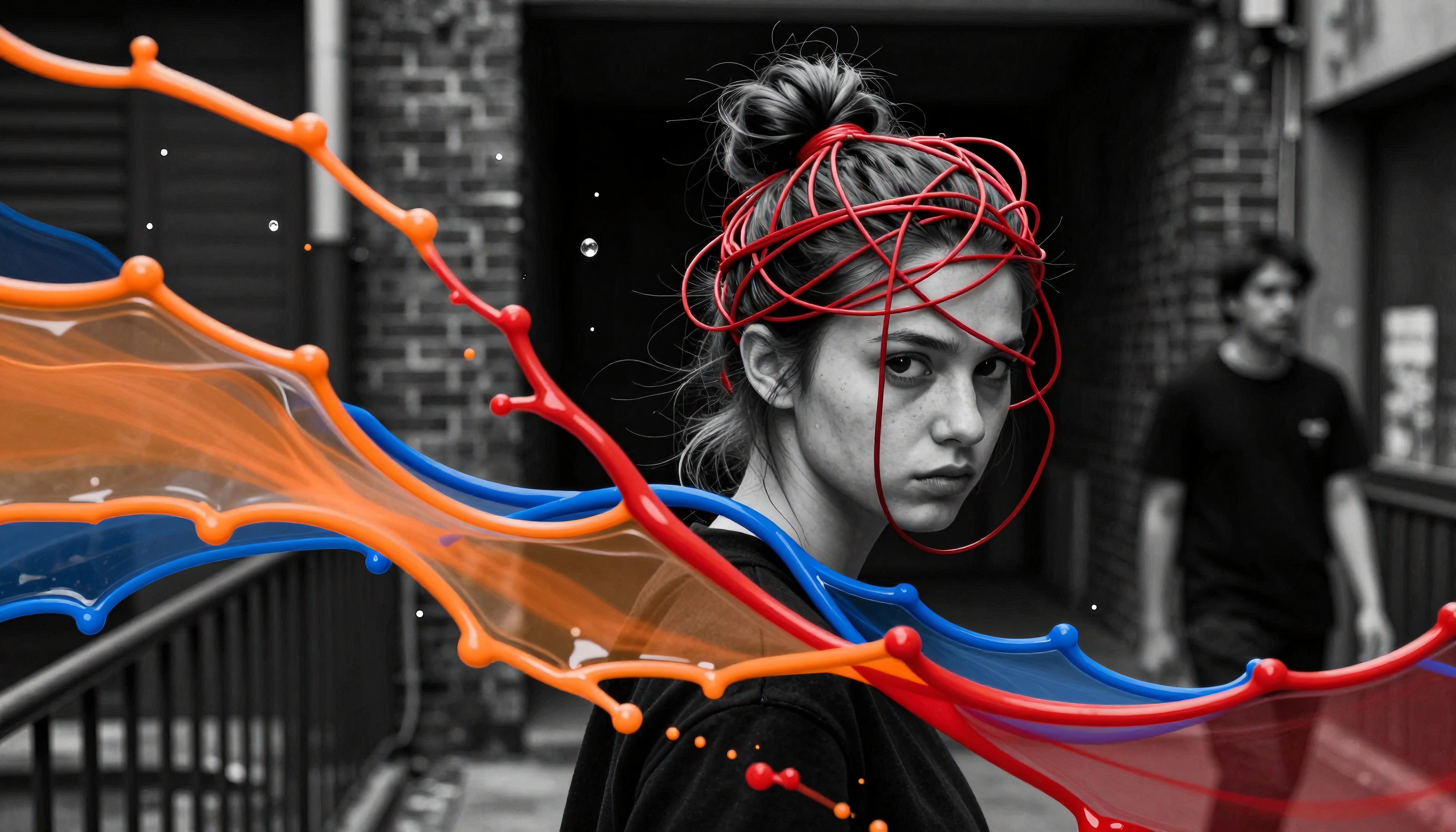 A young woman stands in front of a blurred urban background, wrapped in red wire, with vibrant splashes of blue and orange adding dynamic contrast.