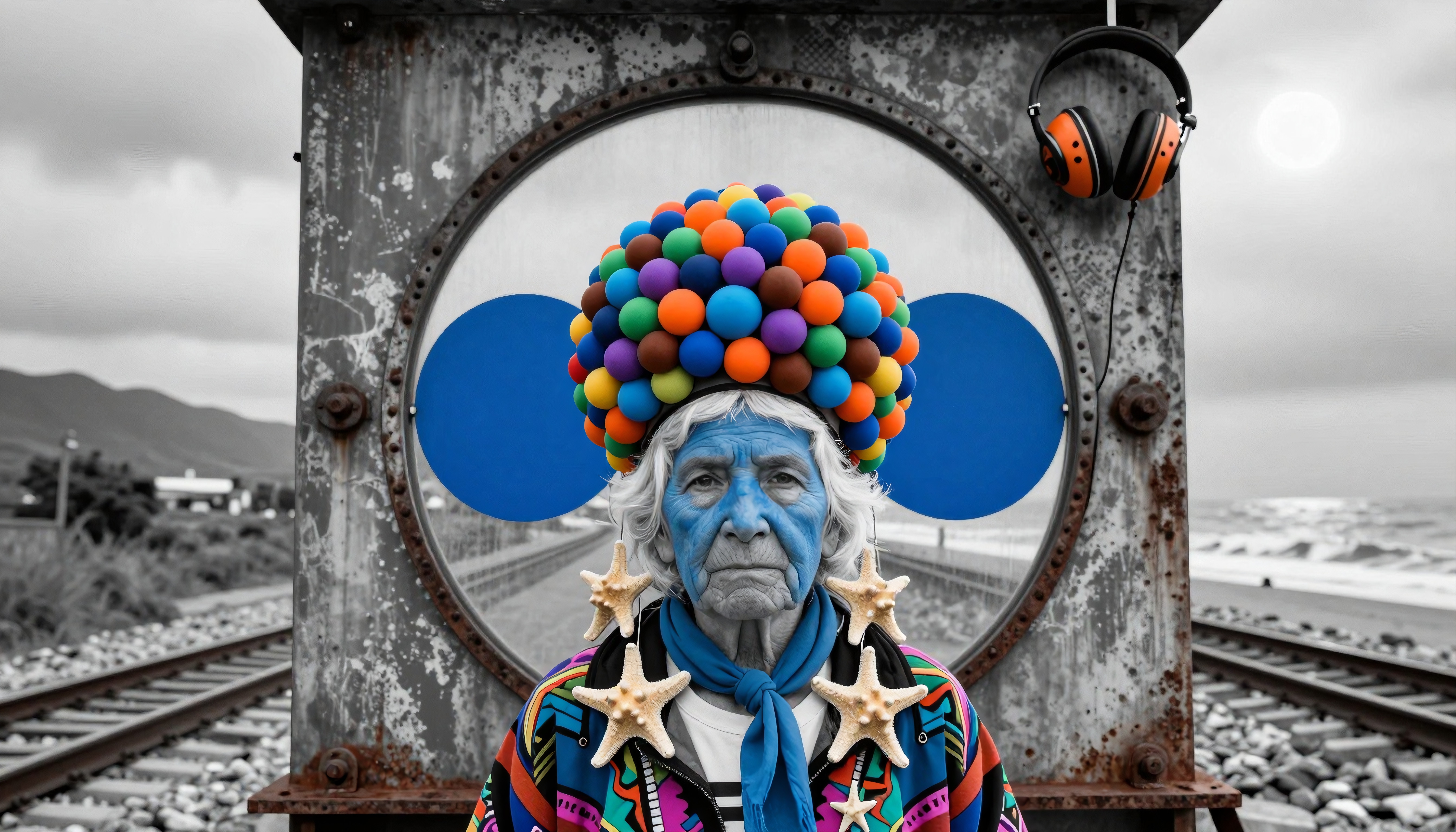 A whimsical portrait of an elderly person with a colorful headdress and blue face, set against a railway and ocean backdrop, blending surreal and industrial themes.