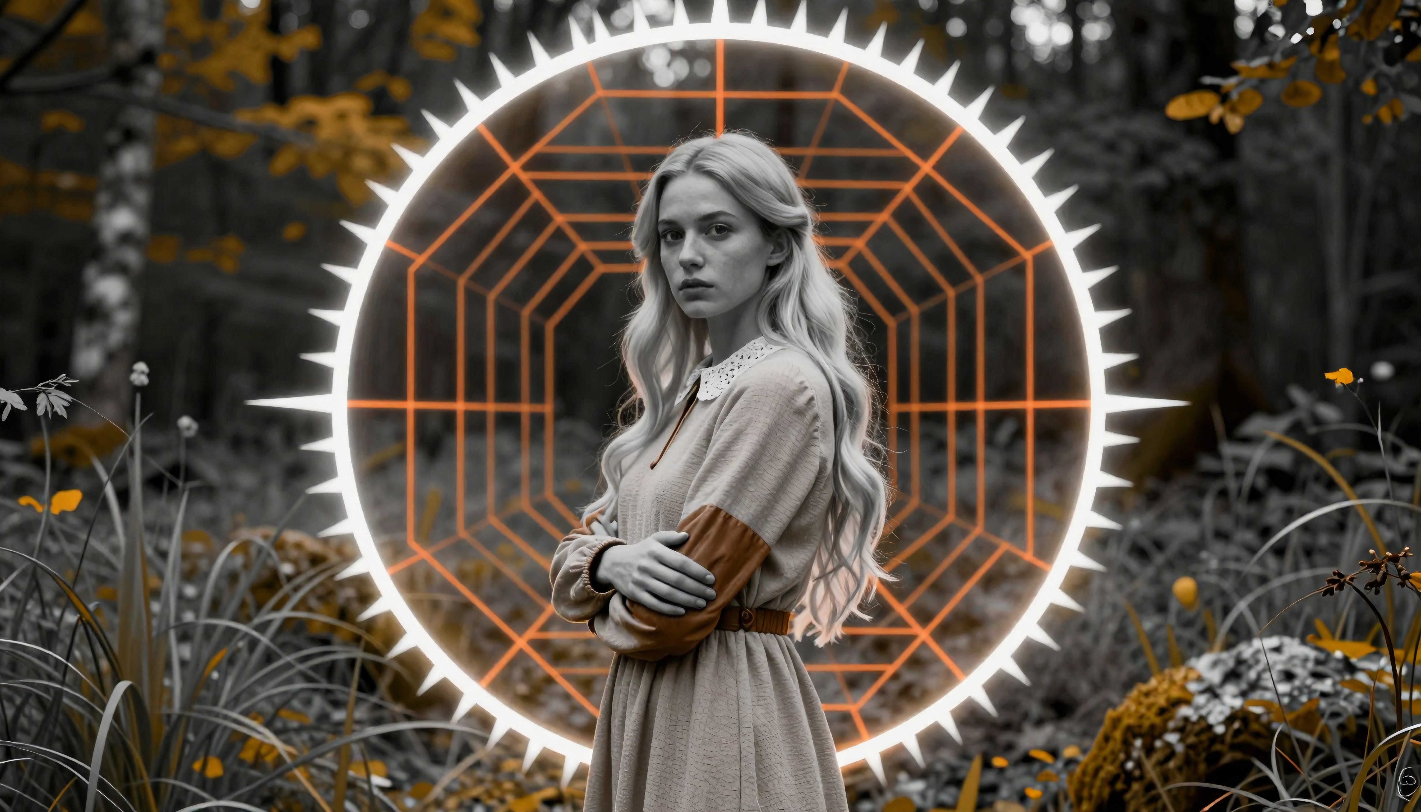 A woman in a forest stands before a glowing geometric pattern, her serious expression highlighted by the vibrant design.