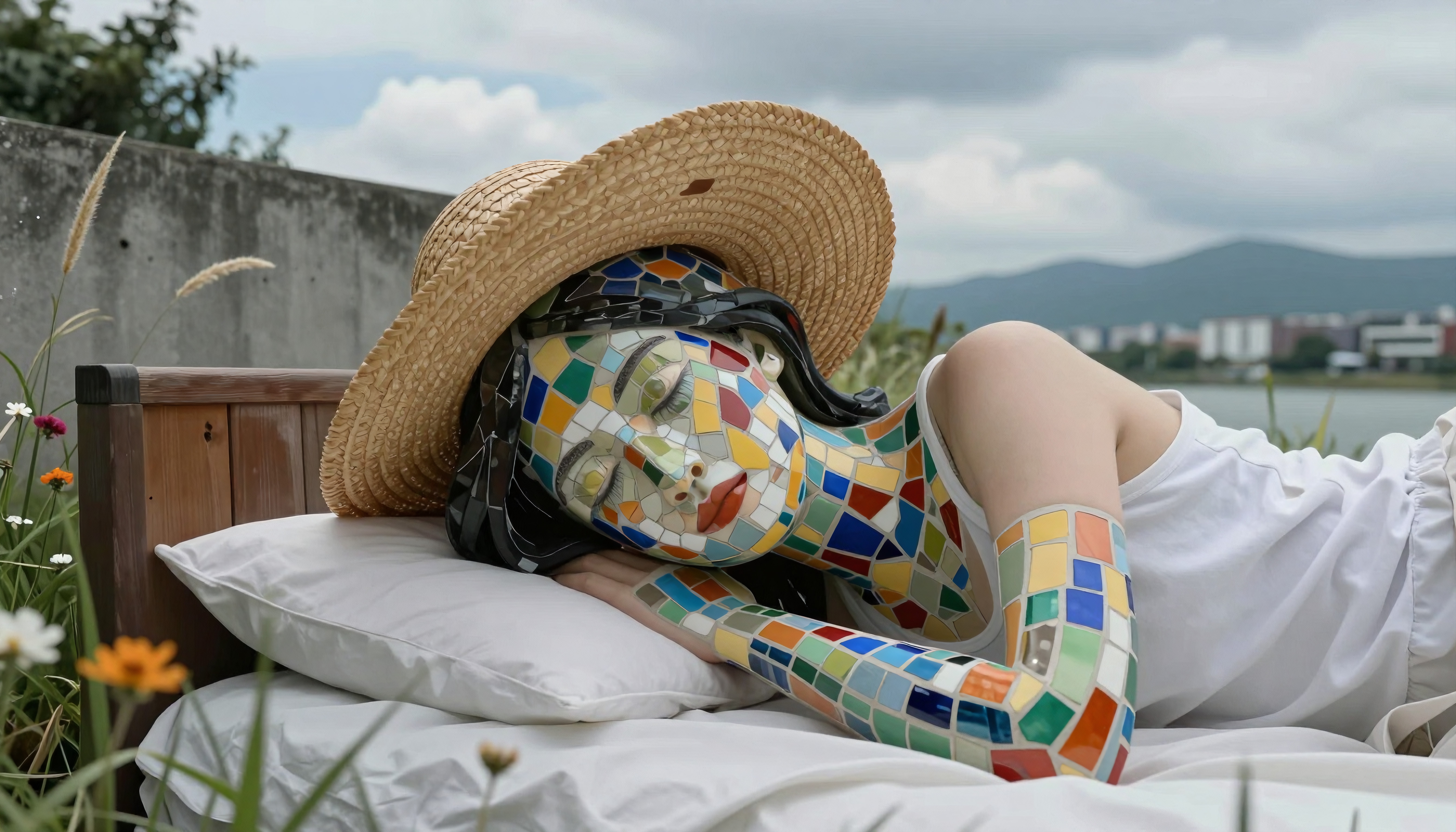 A person with a mosaic pattern lies peacefully in a natural setting, wearing a straw hat, surrounded by flowers.