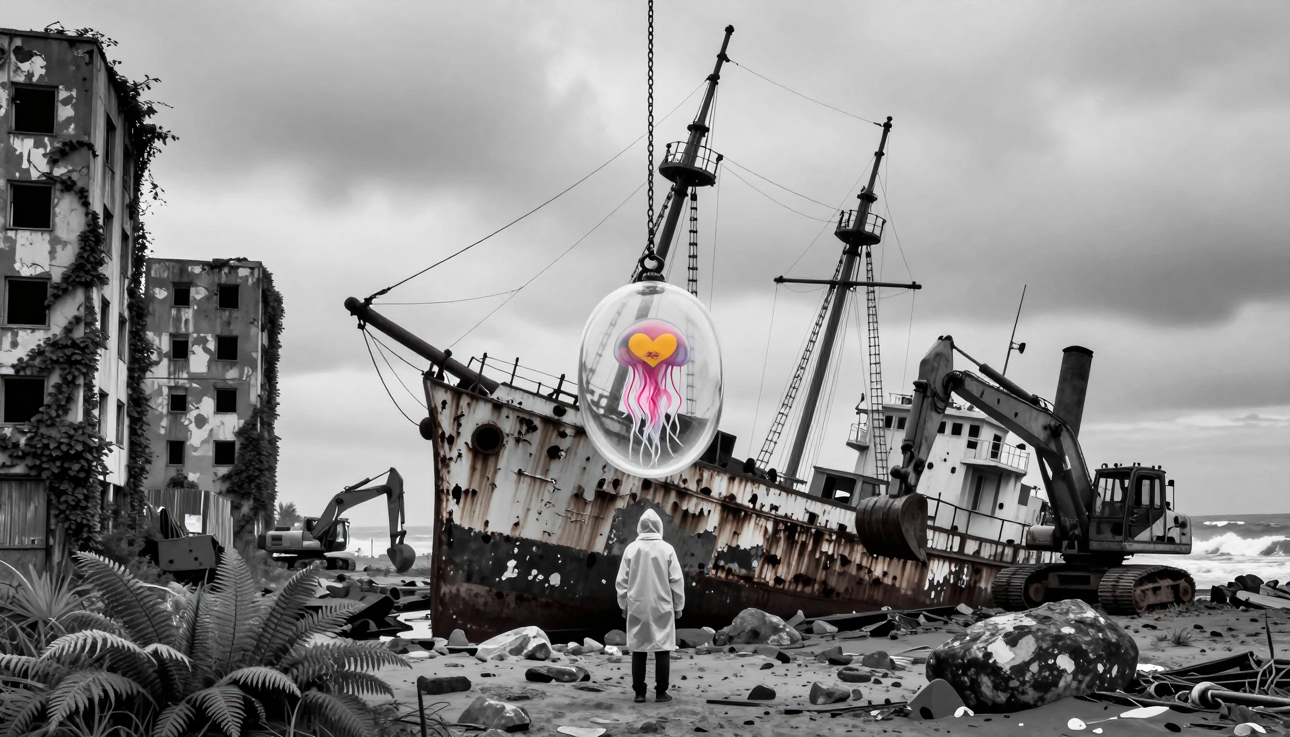 A vibrant jellyfish in a transparent sphere hovers over a desolate shipwreck scene.