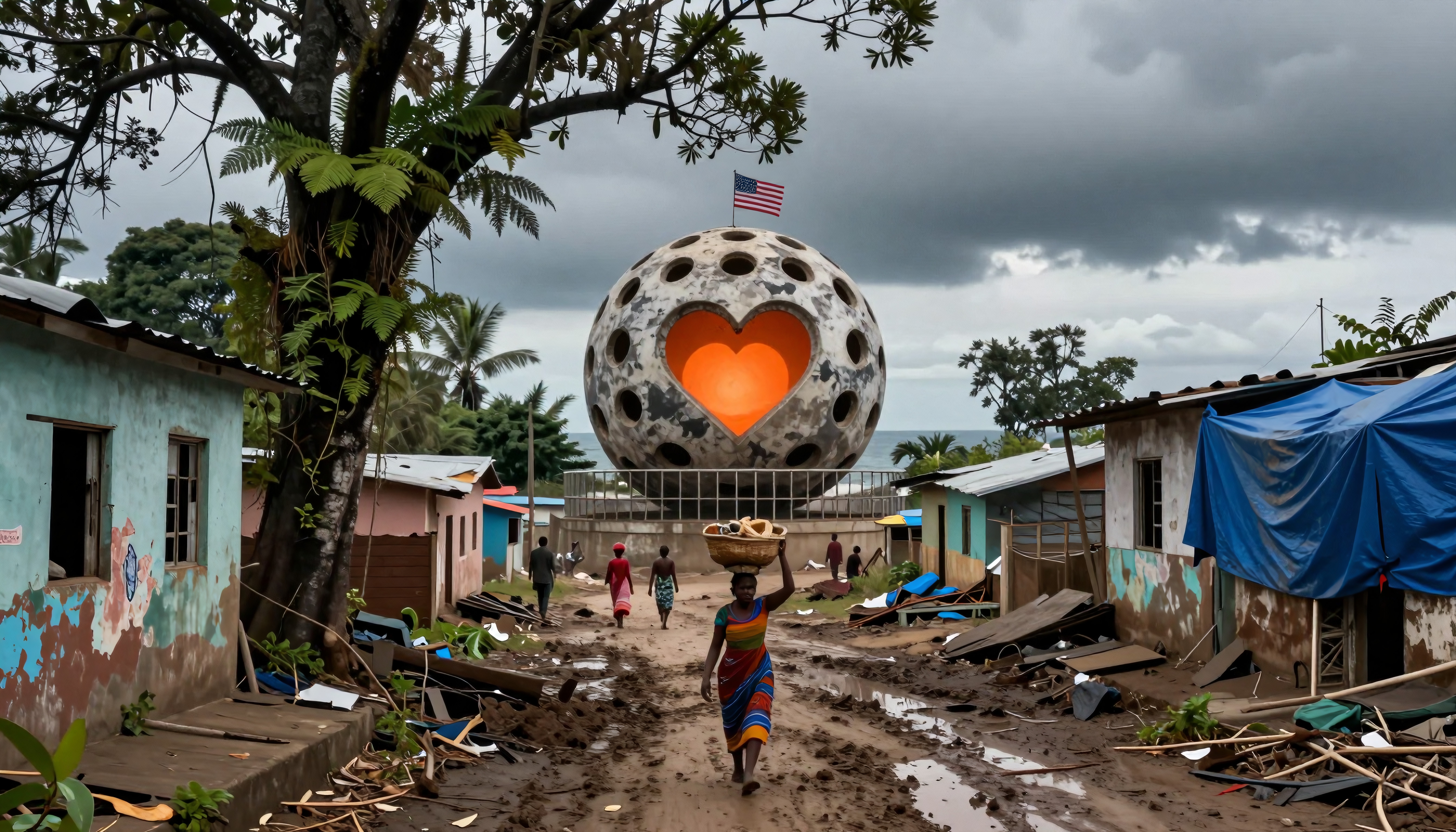 A vibrant street scene with a heart-shaped structure and villagers.