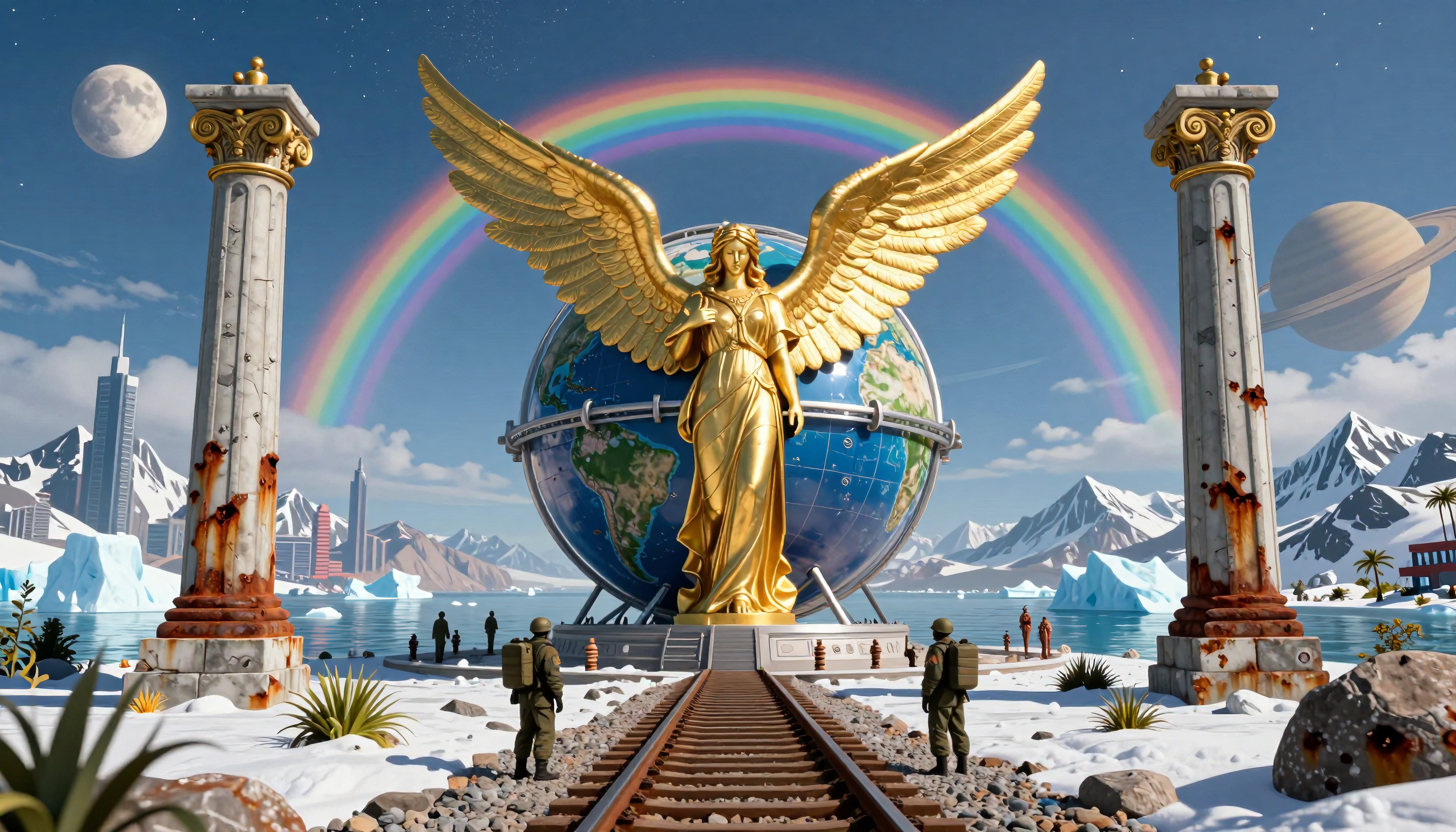 Majestic golden statue with globe, rainbow, and soldiers.