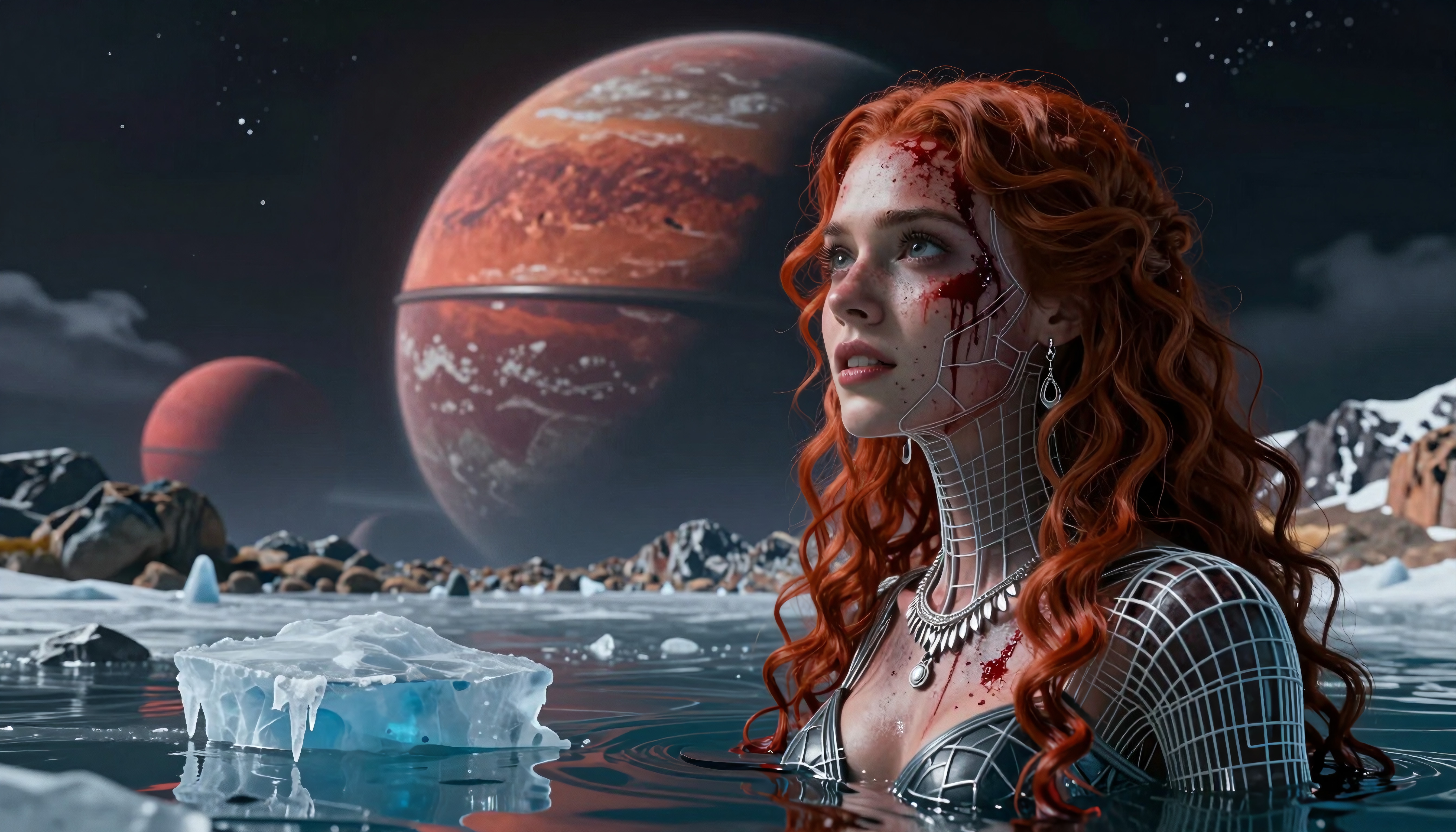 Futuristic woman in icy alien landscape with planets.