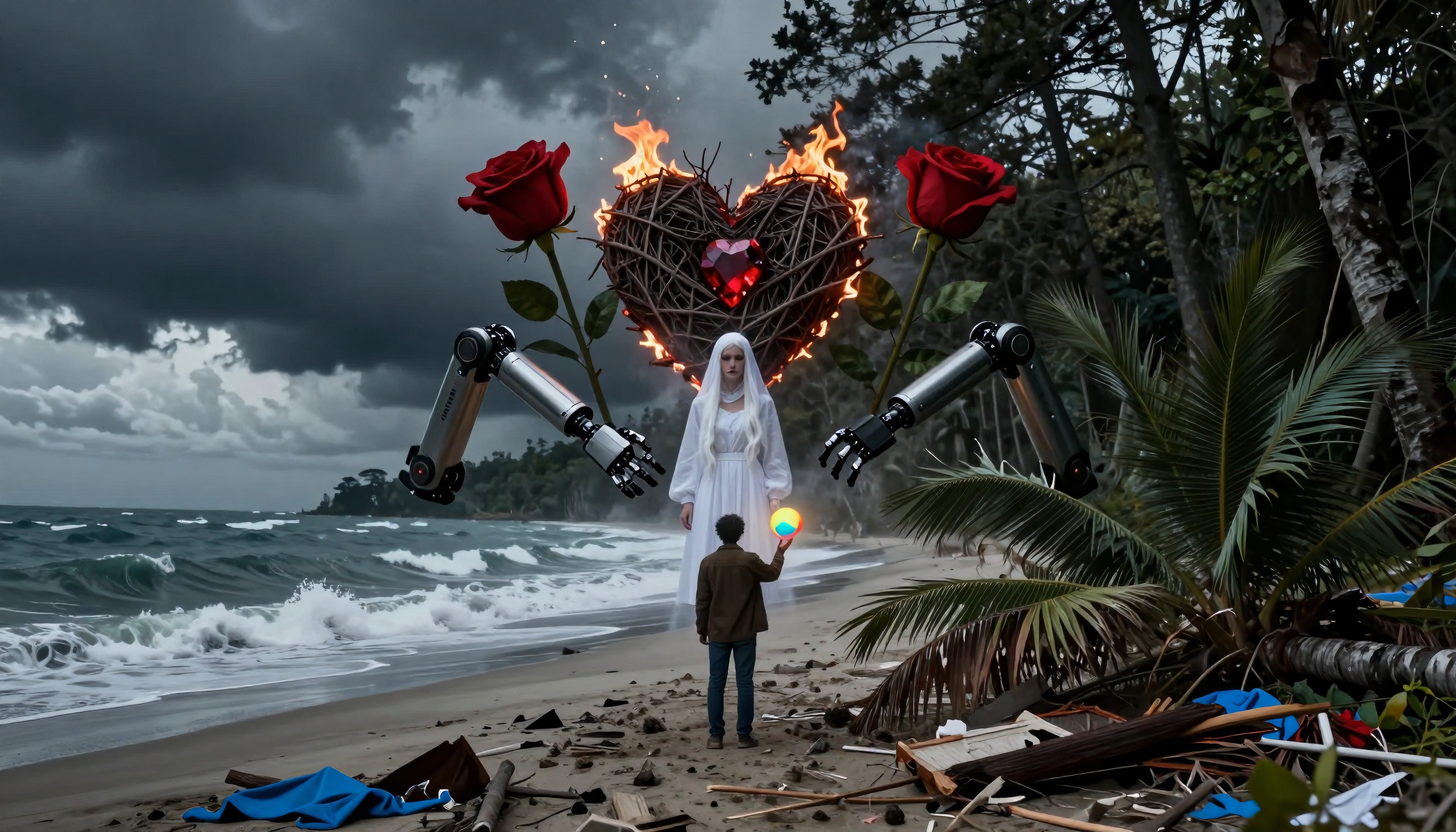 Surreal beach scene with mystical figures and a flaming heart.