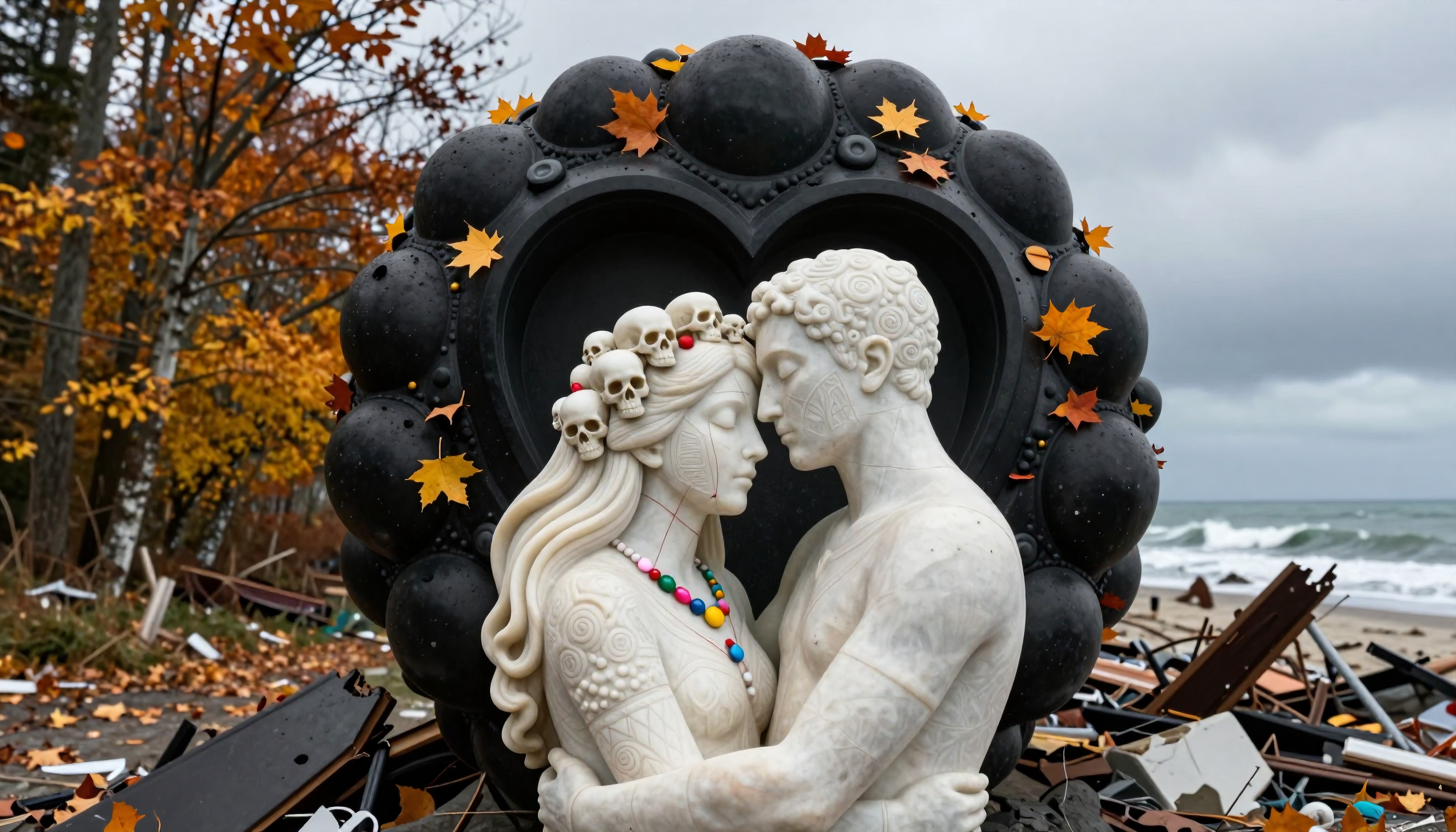 A couple of decorative statues embrace amidst scattered autumn leaves and debris by a stormy shoreline.