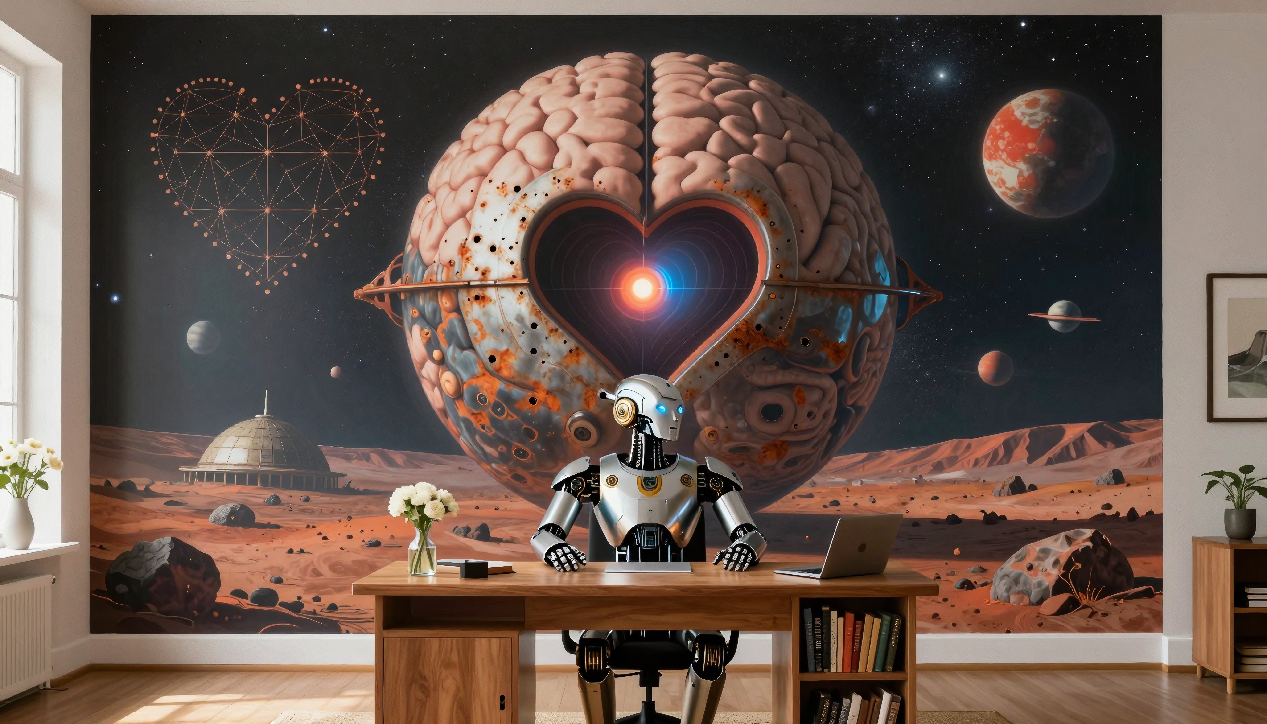 A futuristic robot in a space-themed room with a cosmic mural.
