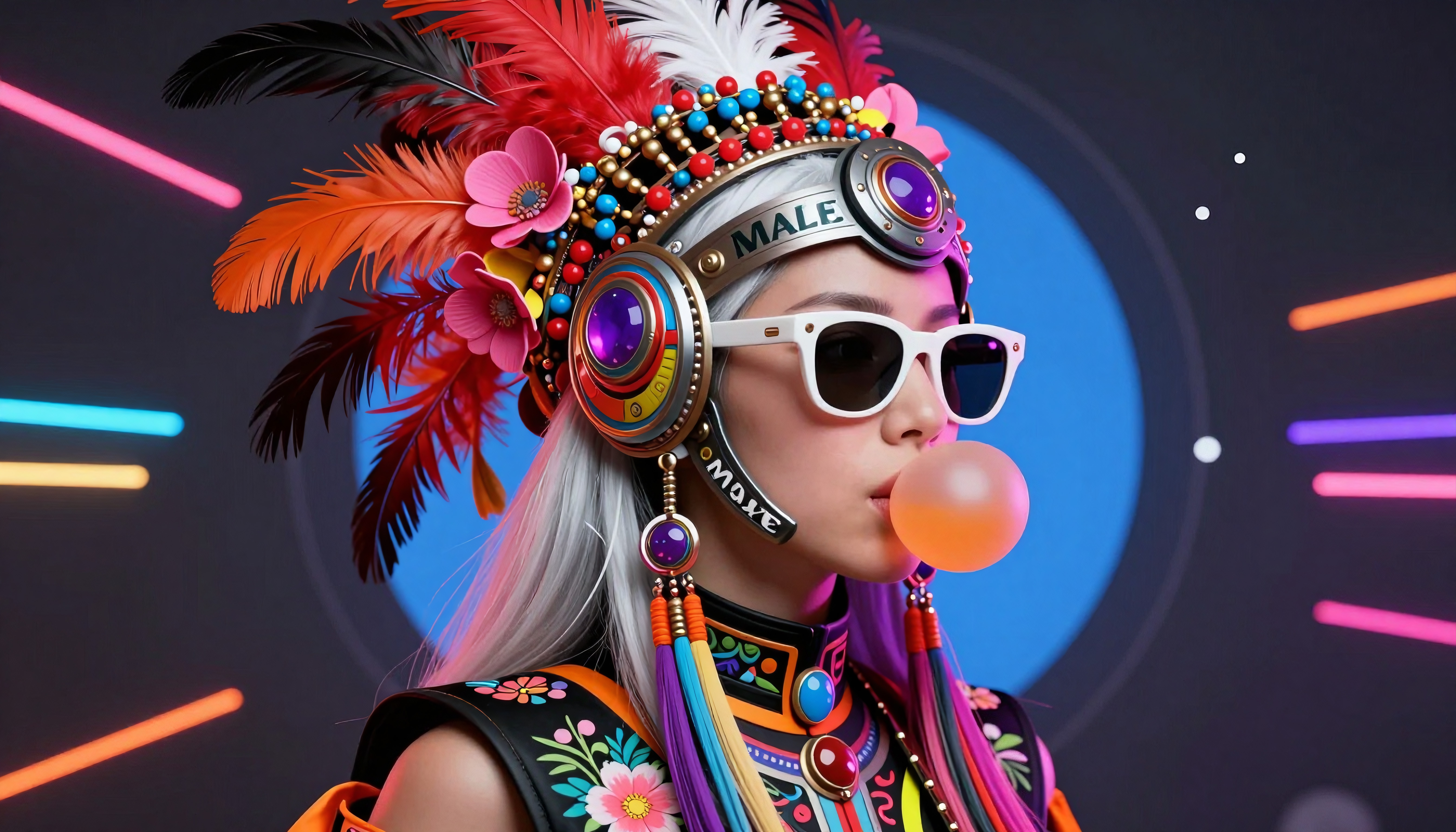 A vibrant portrait showing a futuristic fashion style with colorful headgear, feathers, and neon background.