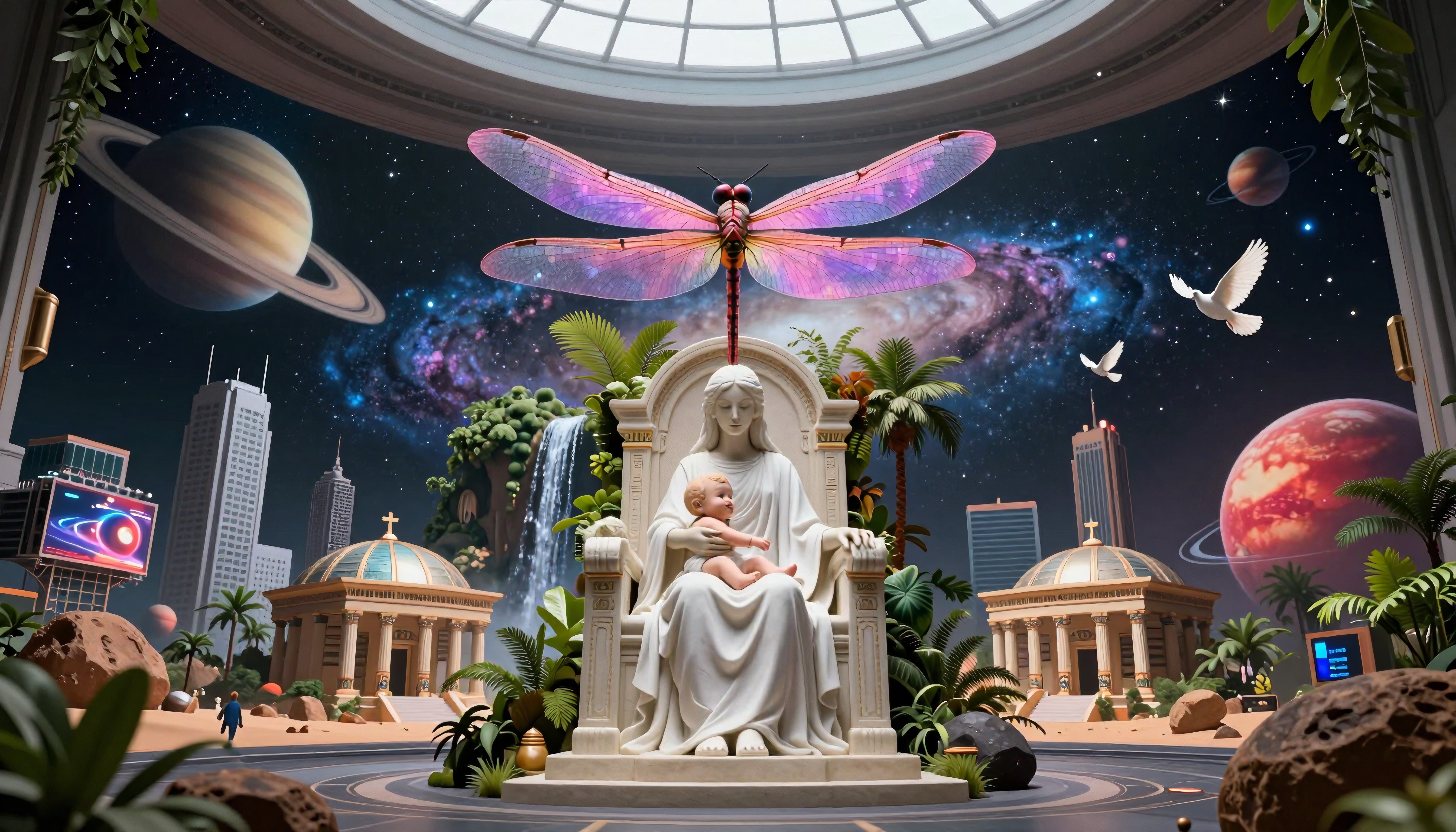 A woman and child statue under a cosmic backdrop with a colorful dragonfly and city elements.