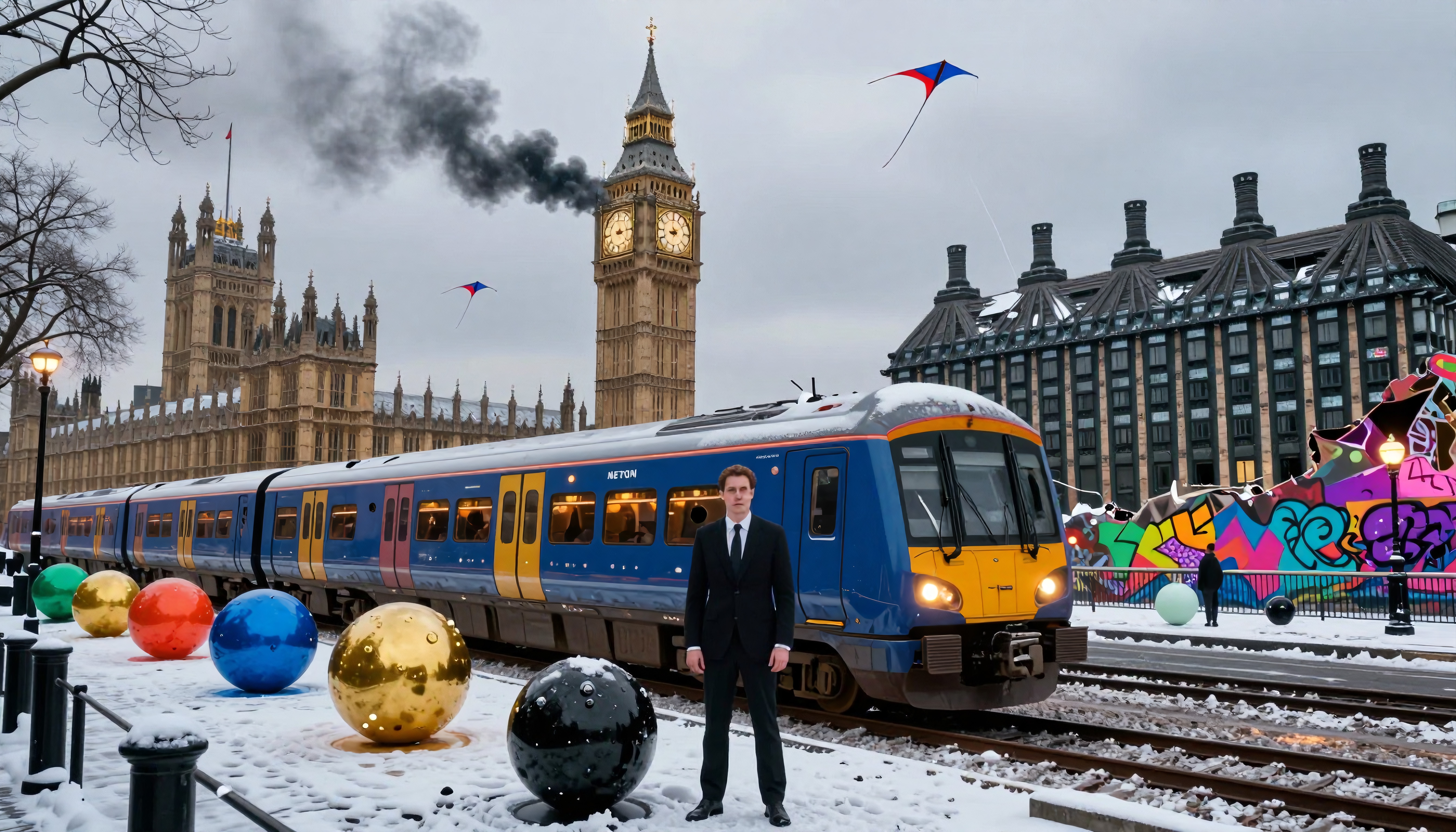 A modern train stands by Big Ben amidst colorful spheres and kites in the snow.