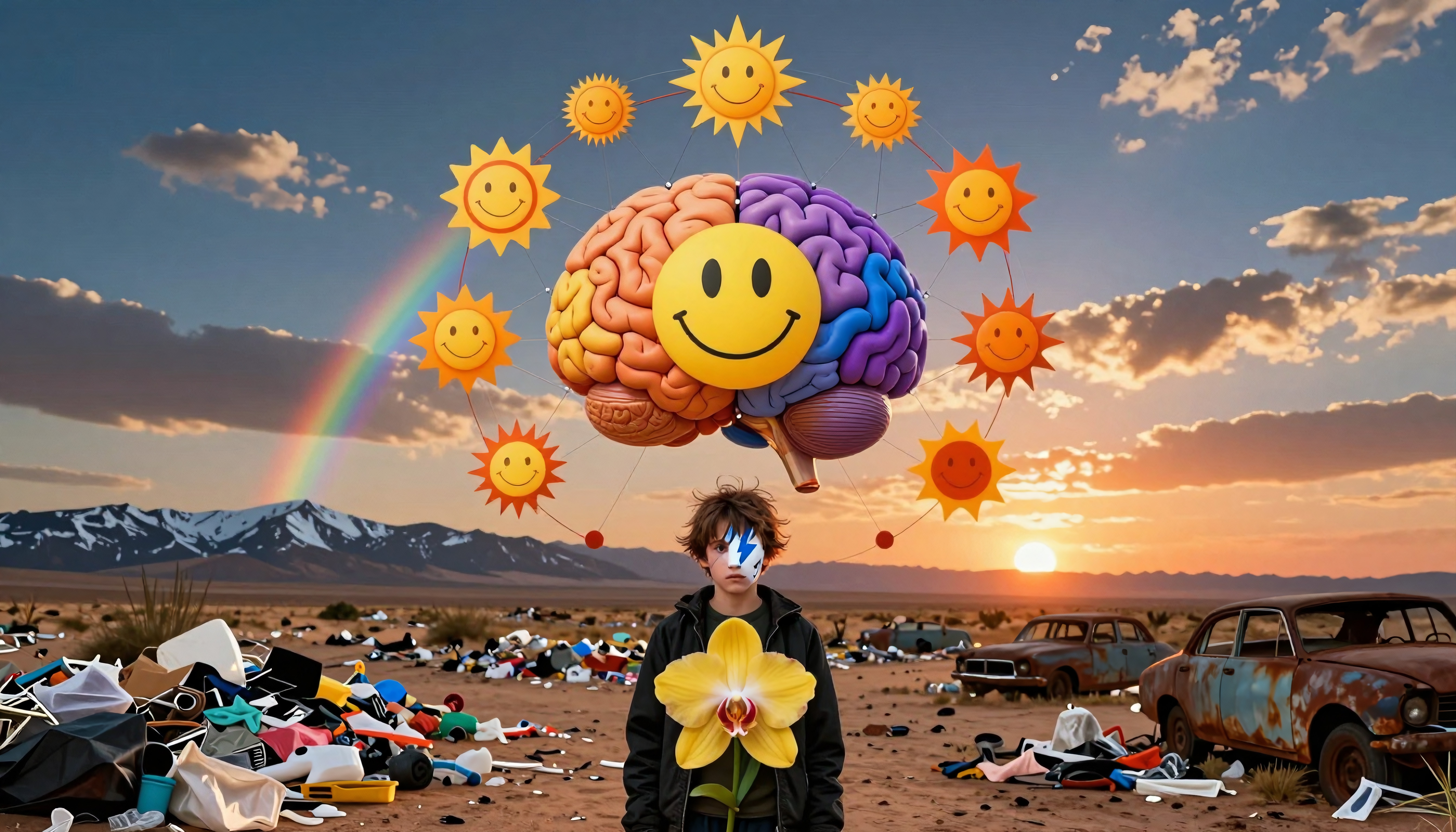A surreal scene featuring a person in a desert with a floating brain, surrounded by smiley faces, a rainbow, and a sunset backdrop.