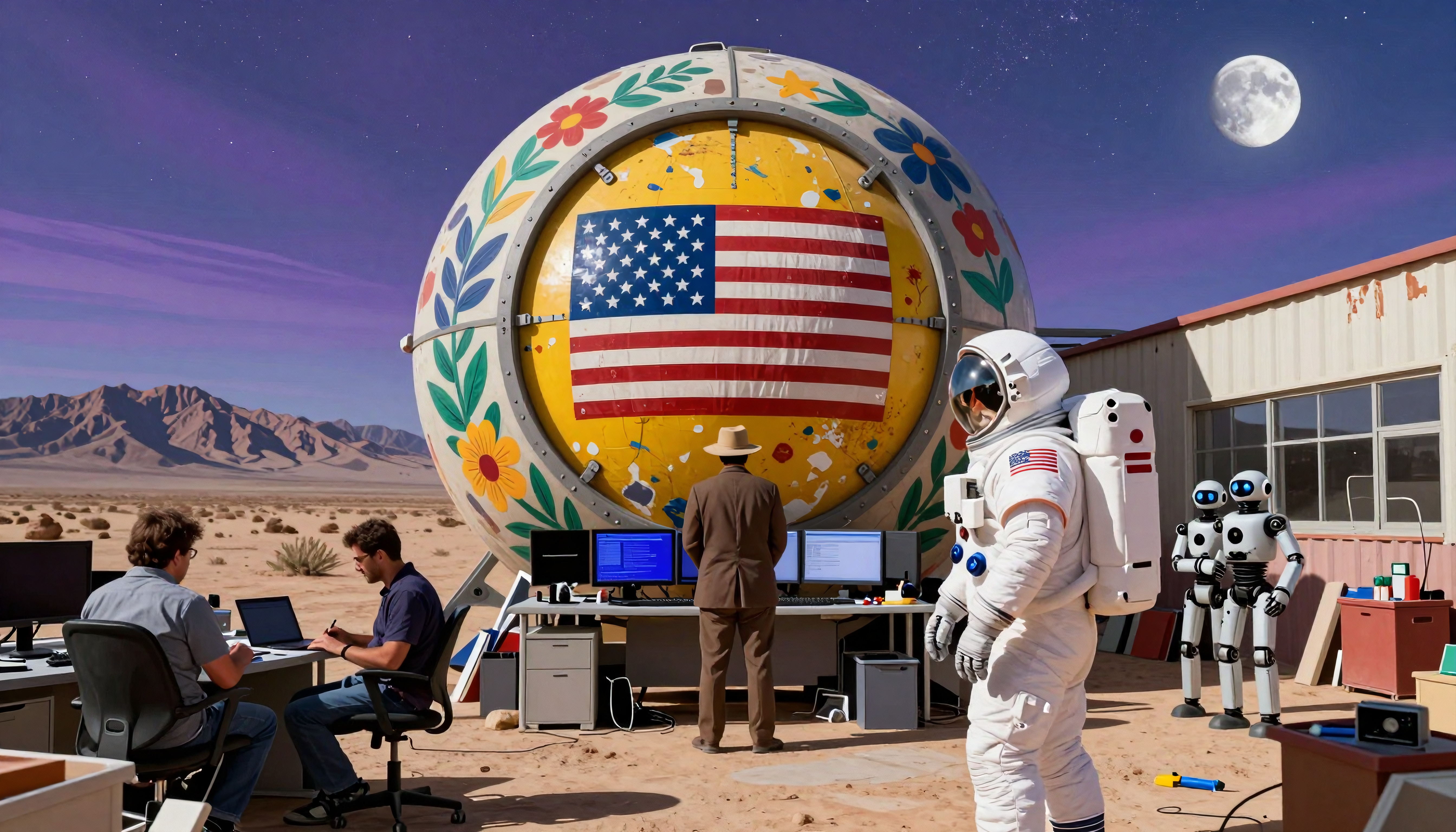A futuristic science mission setup in a desert.