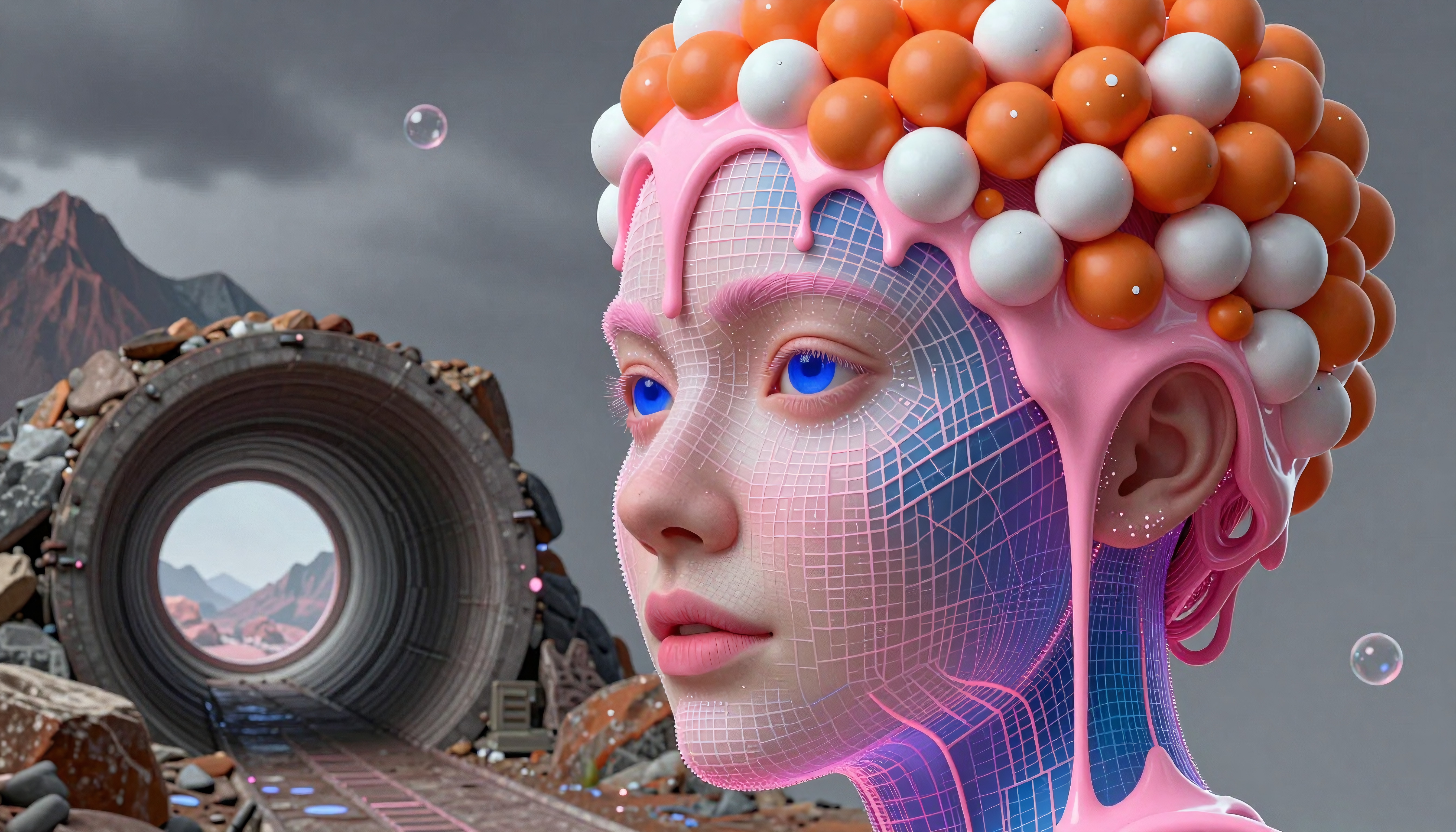 Surreal humanoid with digital headdress in barren landscape.