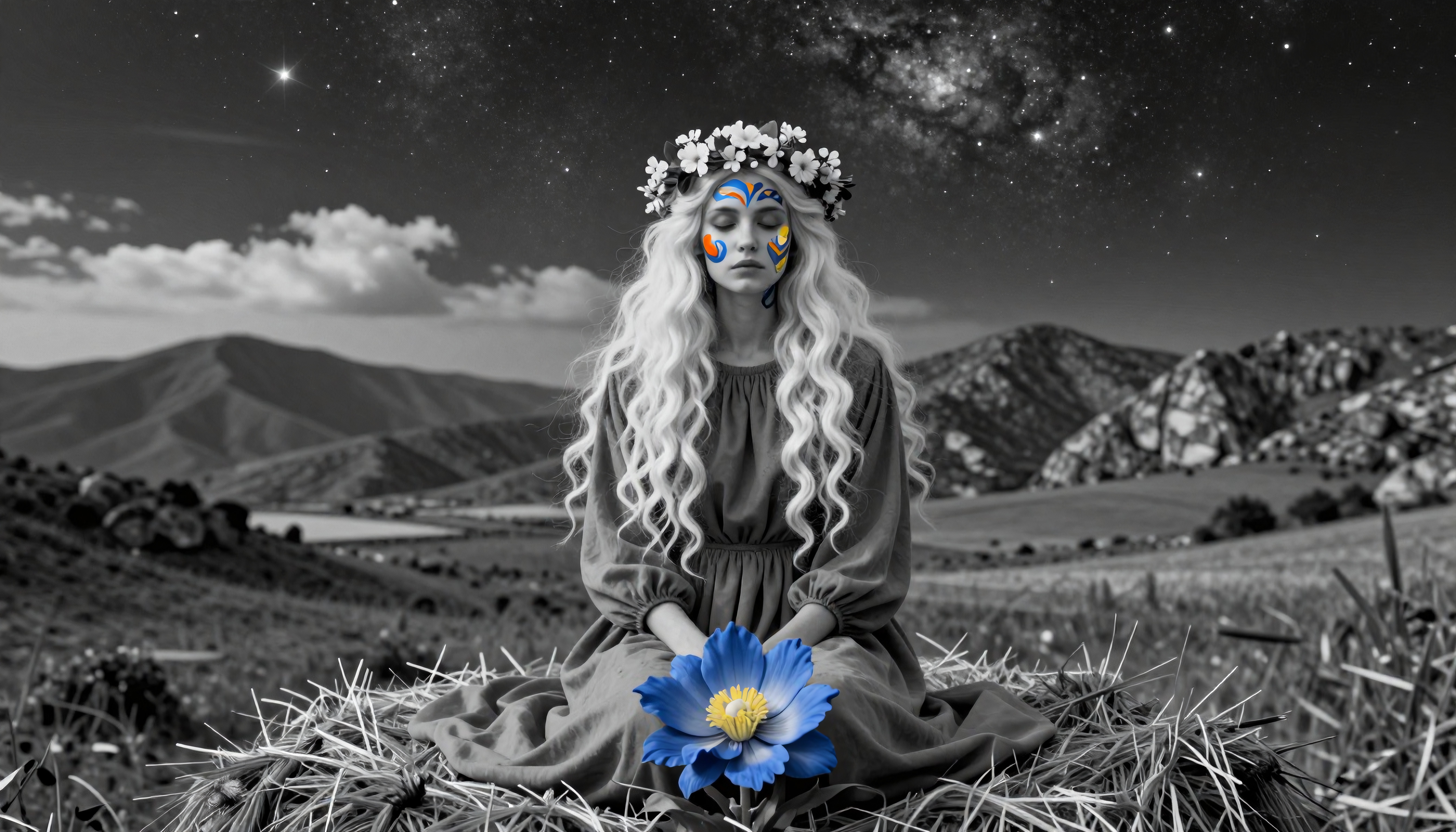 A mystical woman with a colorful face and a vibrant blue flower in a grayscale landscape under a starry night sky.