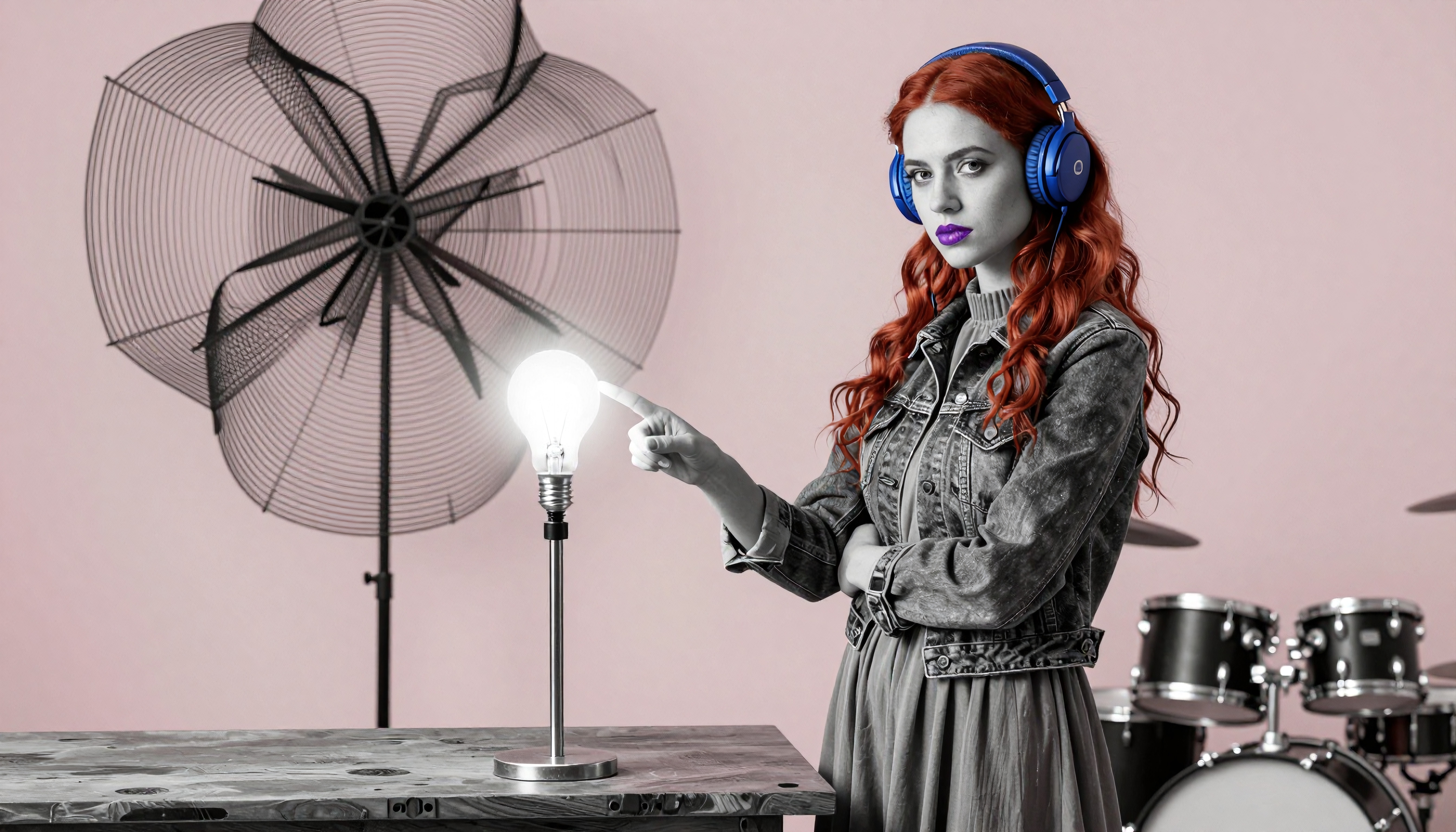 Woman with red hair wearing headphones points to a light bulb.