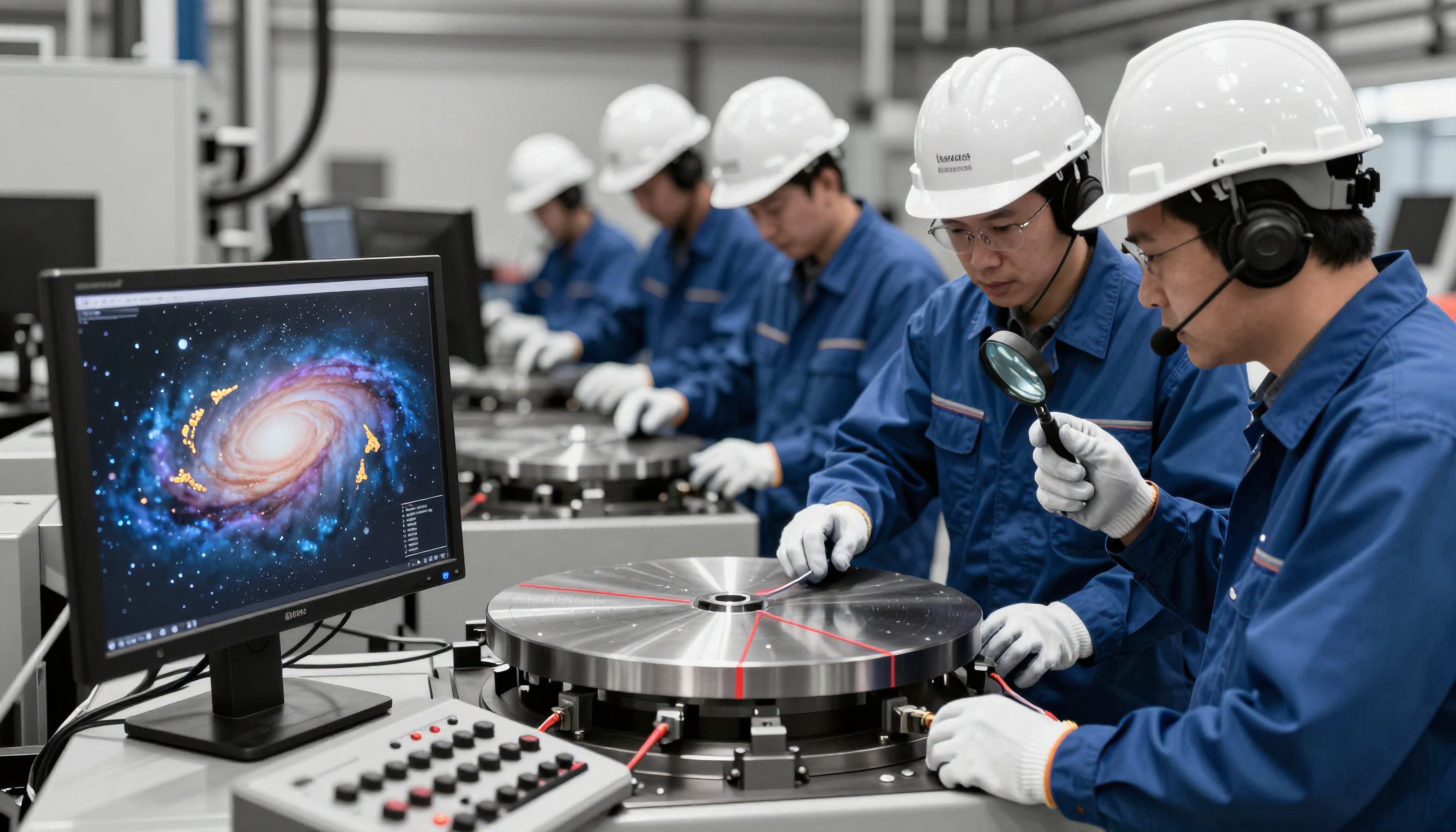 Technicians in industrial facility analyzing equipment with galaxy image on screen.