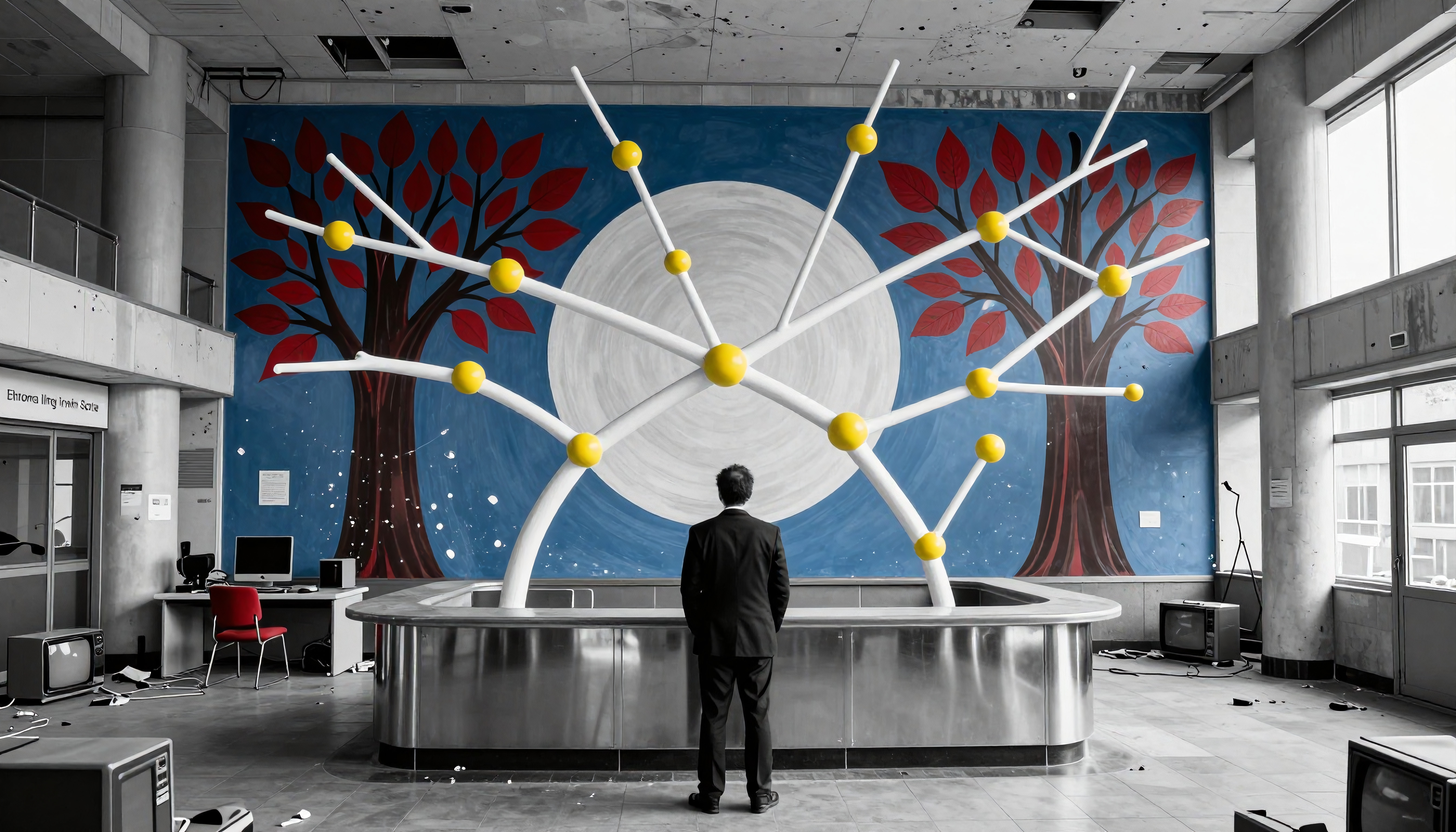 A man in a suit stands before a mural and sculpture, surrounded by abandoned electronics in a dilapidated building.