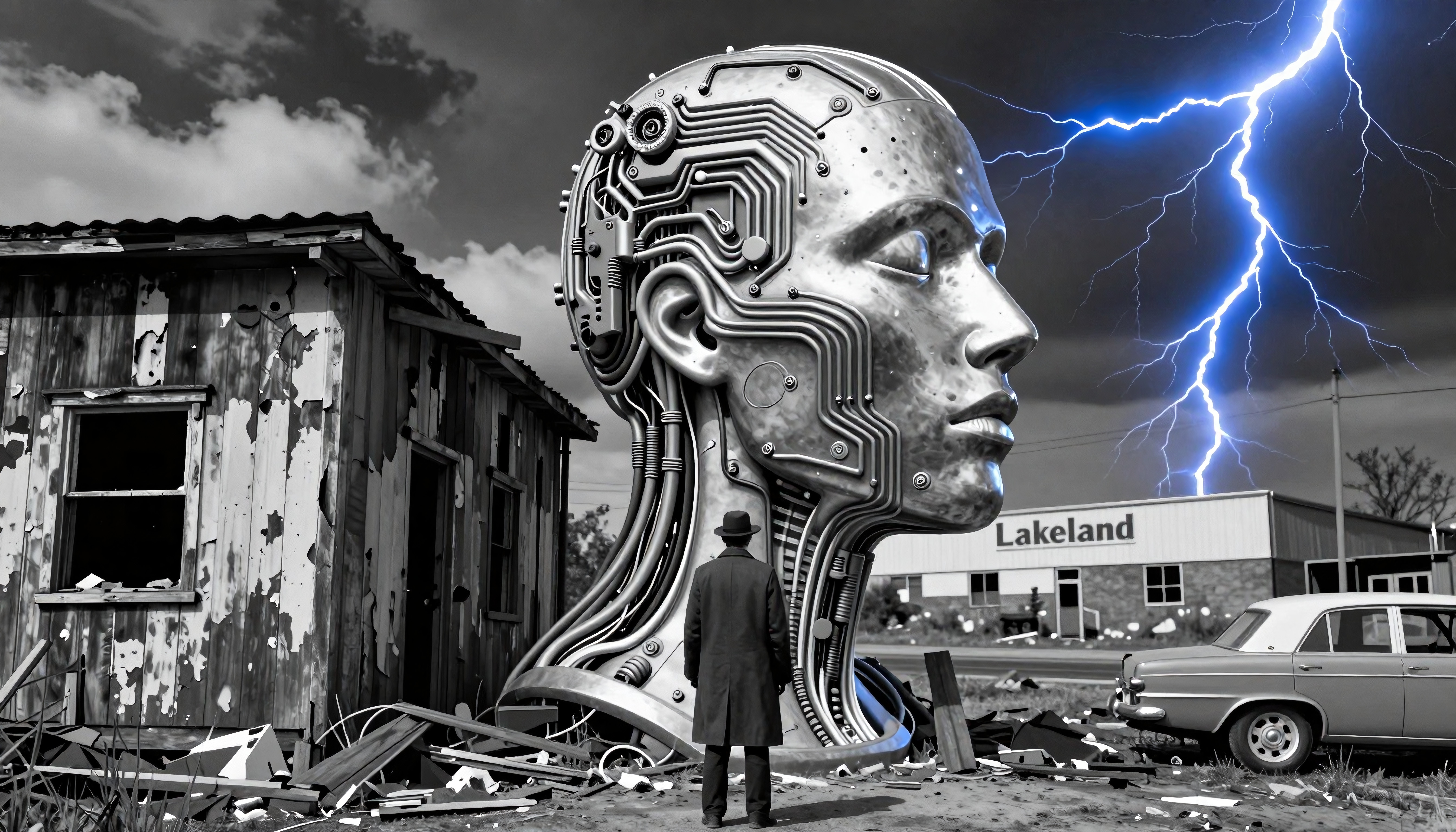 A giant robotic head towers over a weathered building as lightning strikes in a dramatic scene blending technology and decay.