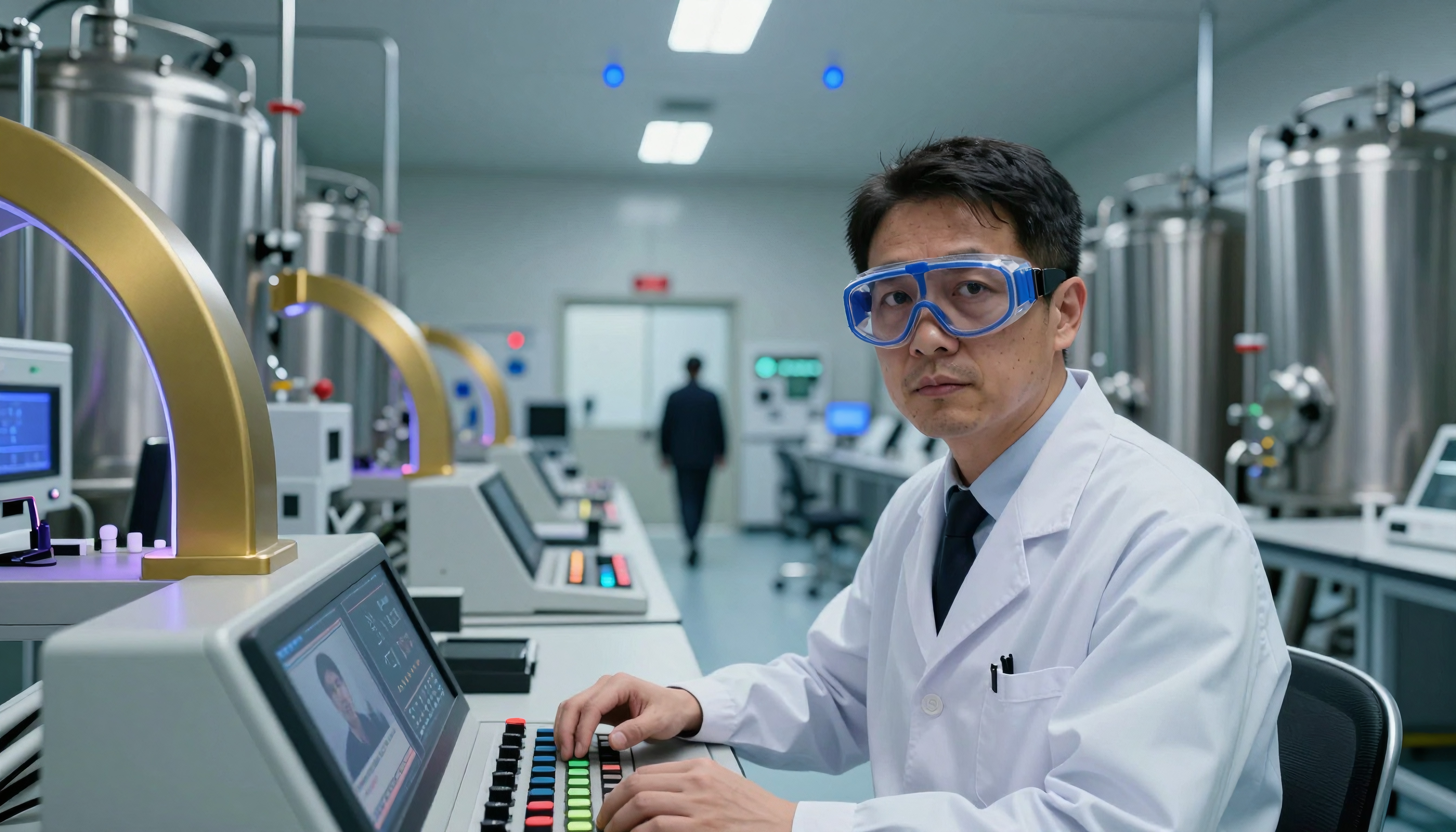 Scientist operating high-tech laboratory equipment.