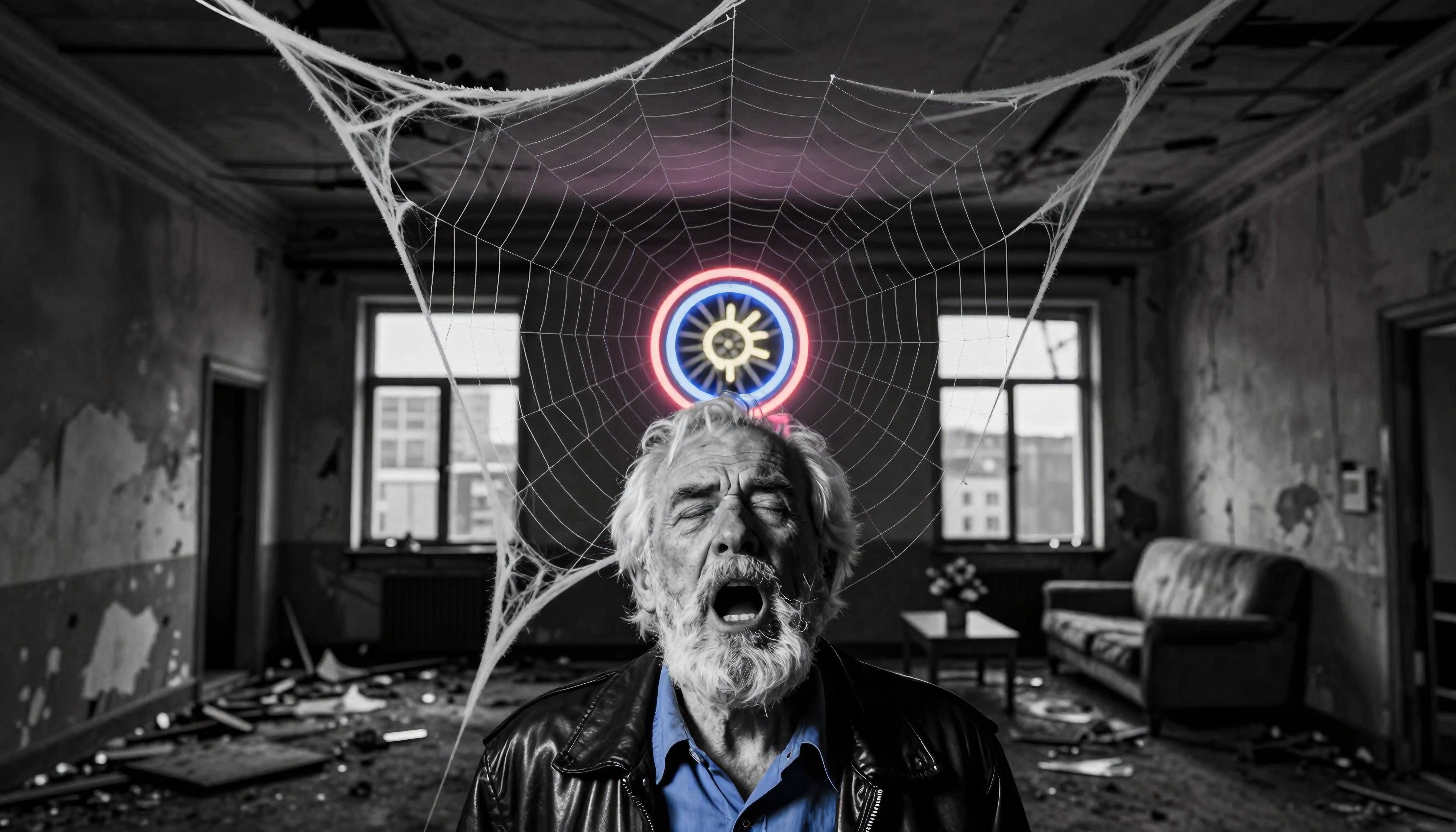 Elderly man with open mouth stands beneath neon sign in abandoned room with spider web.