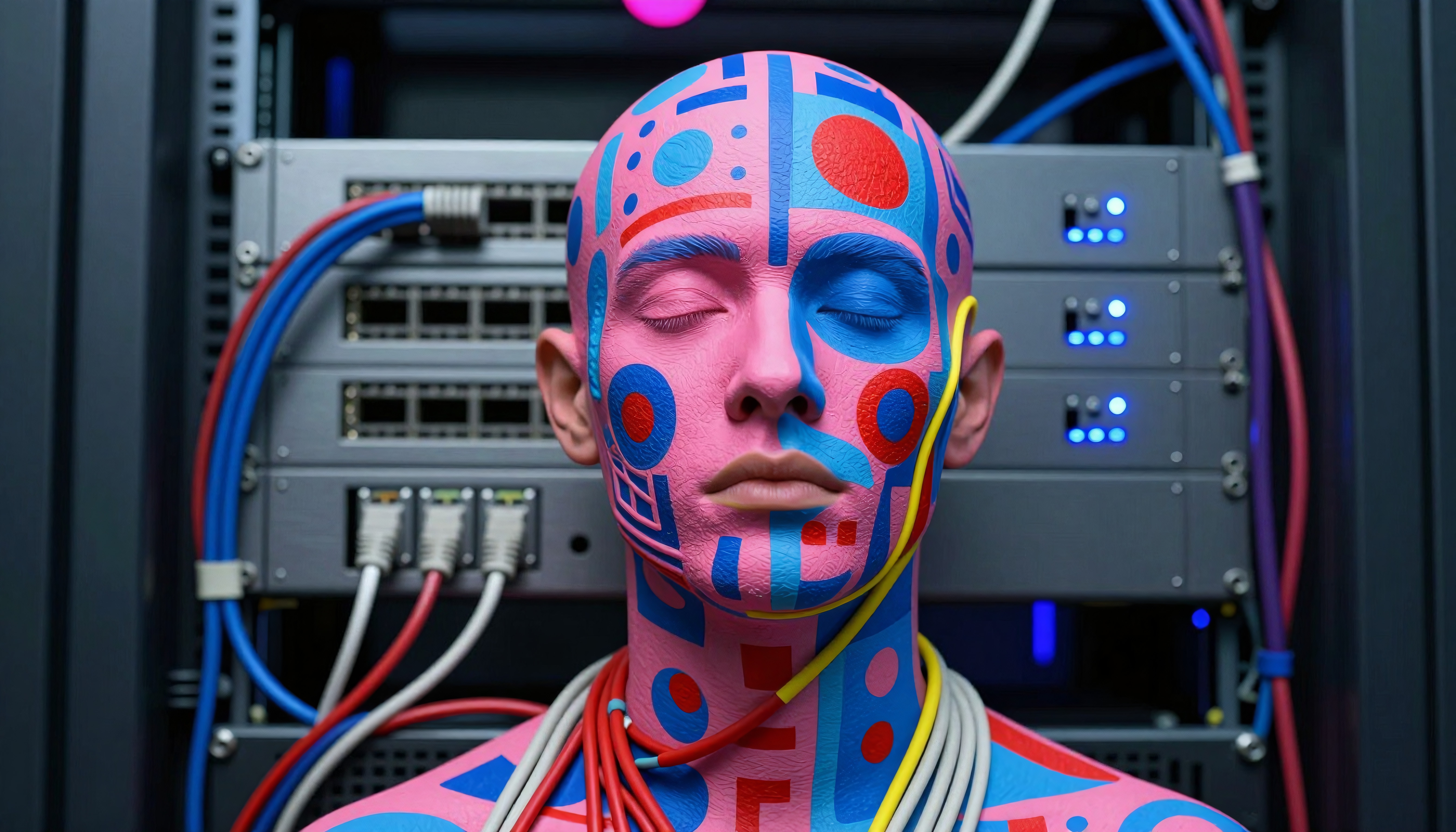 A person with colorful geometric face paint stands in front of server racks, representing a fusion of technology and human identity.