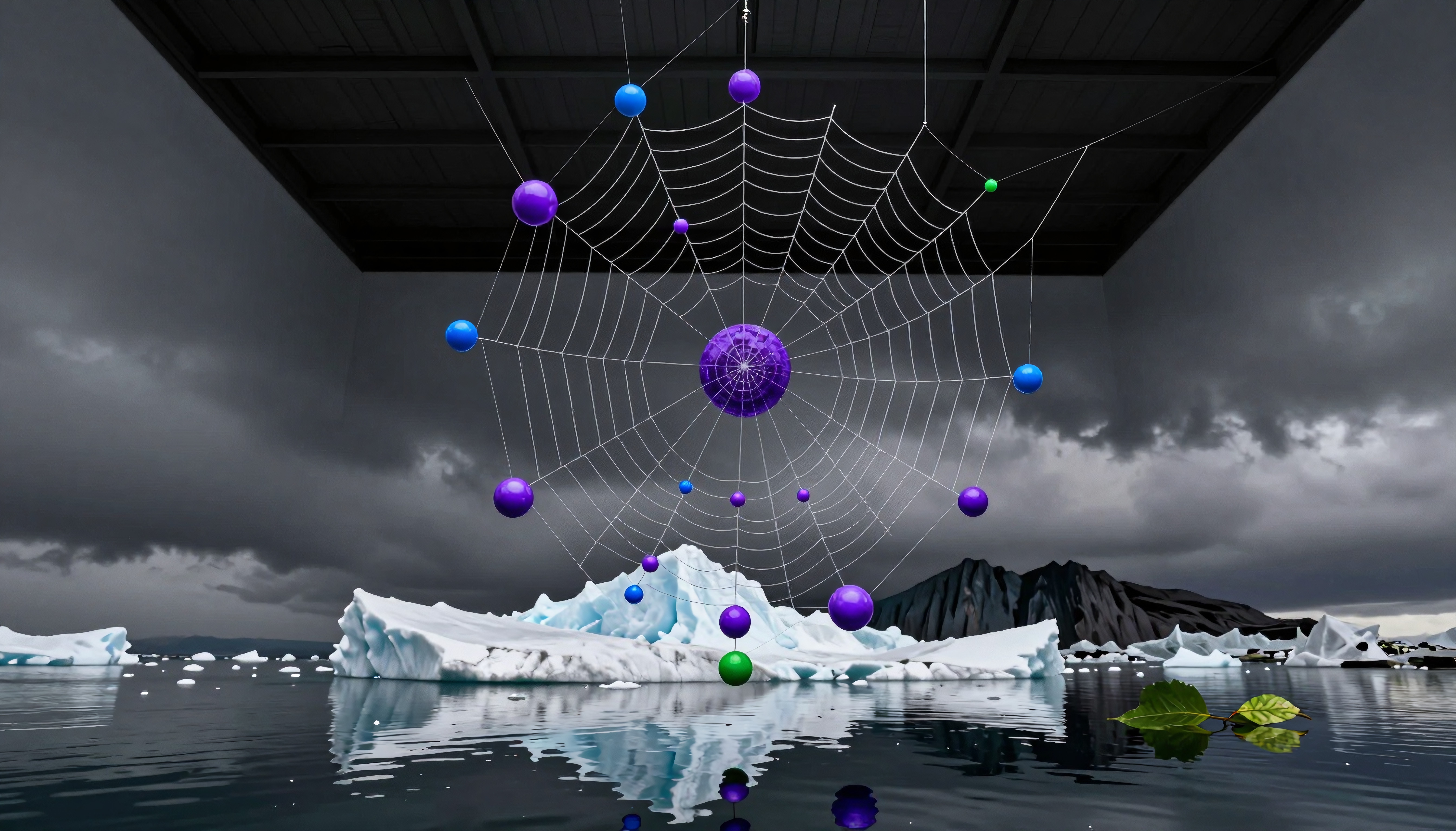 A surreal spider web with colorful spheres hangs over icebergs and water.