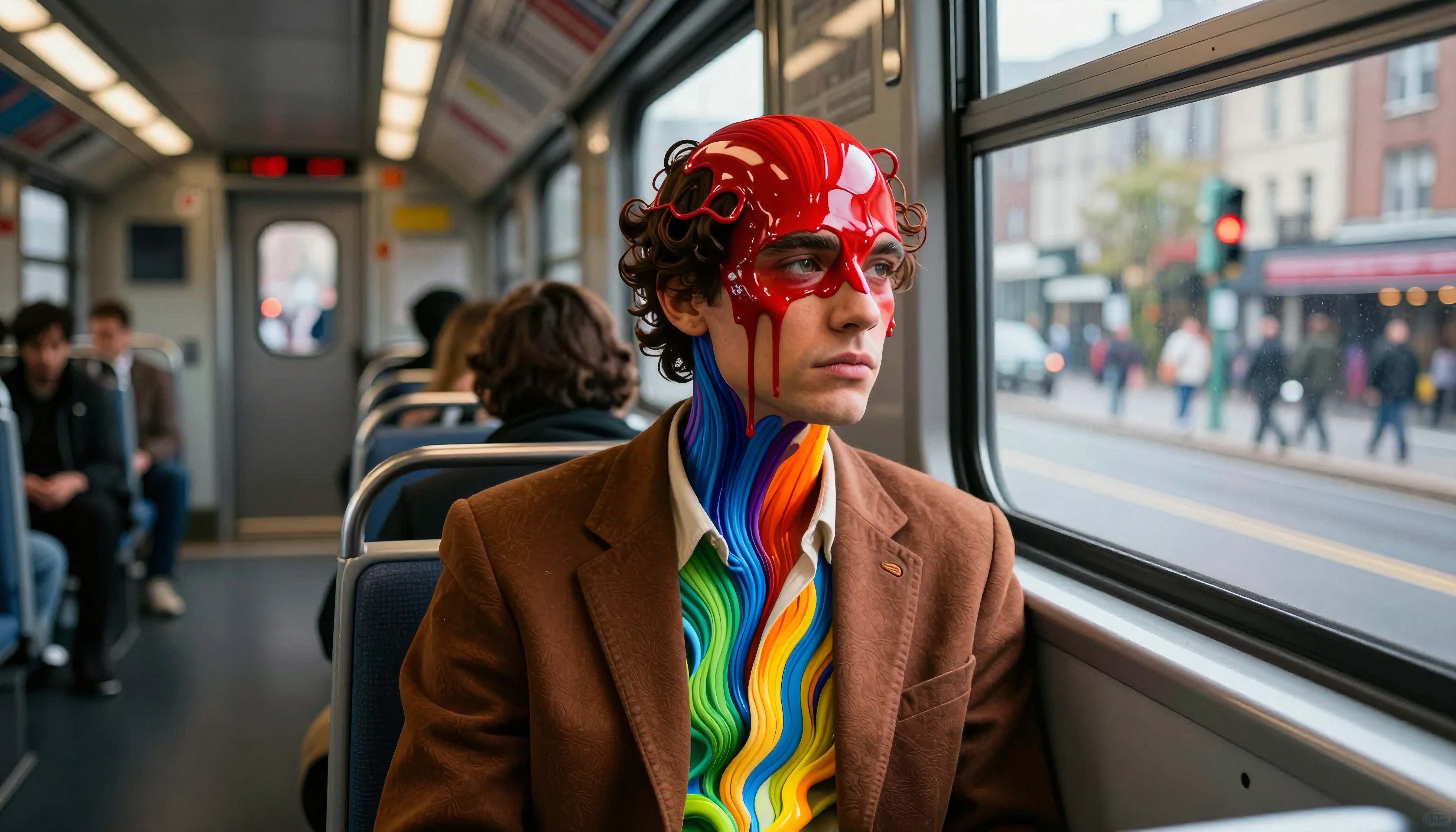 A man on a subway train with a red mask and rainbow design.