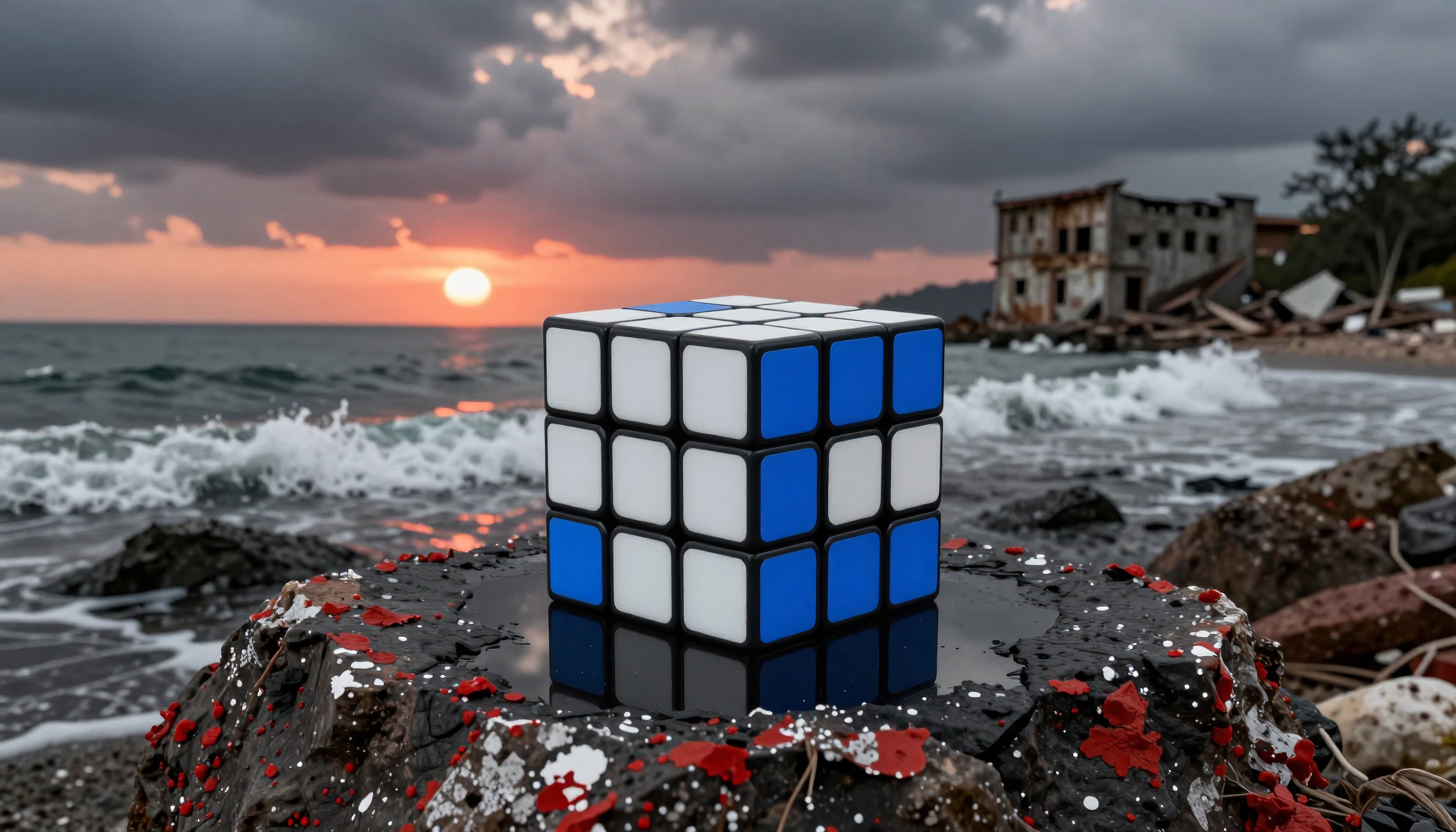 A Rubik's Cube on a rocky beach with sunset, ocean, and waves in the background.