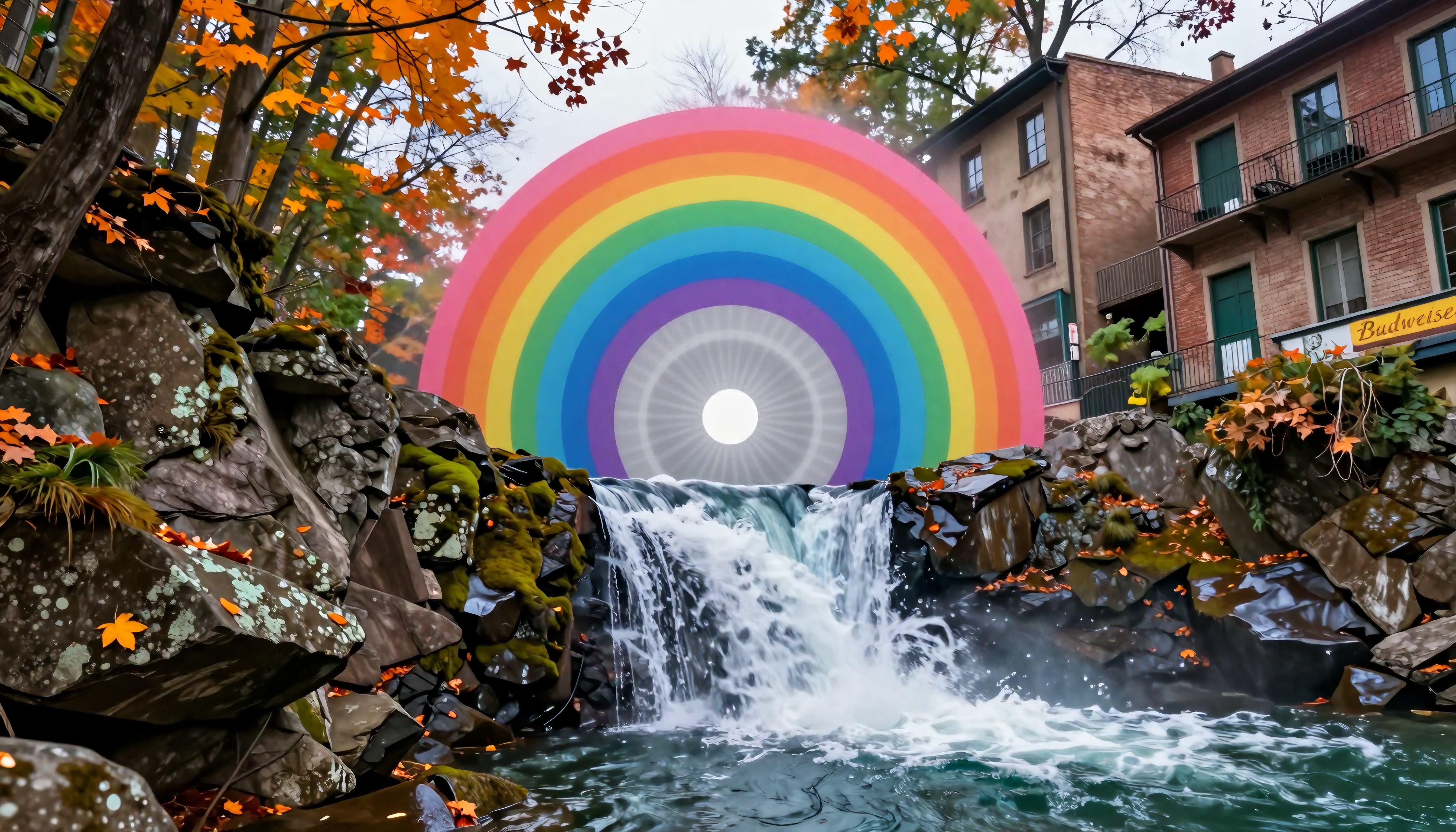 Vibrant rainbow over a picturesque waterfall surrounded by autumn leaves and rocky landscape.