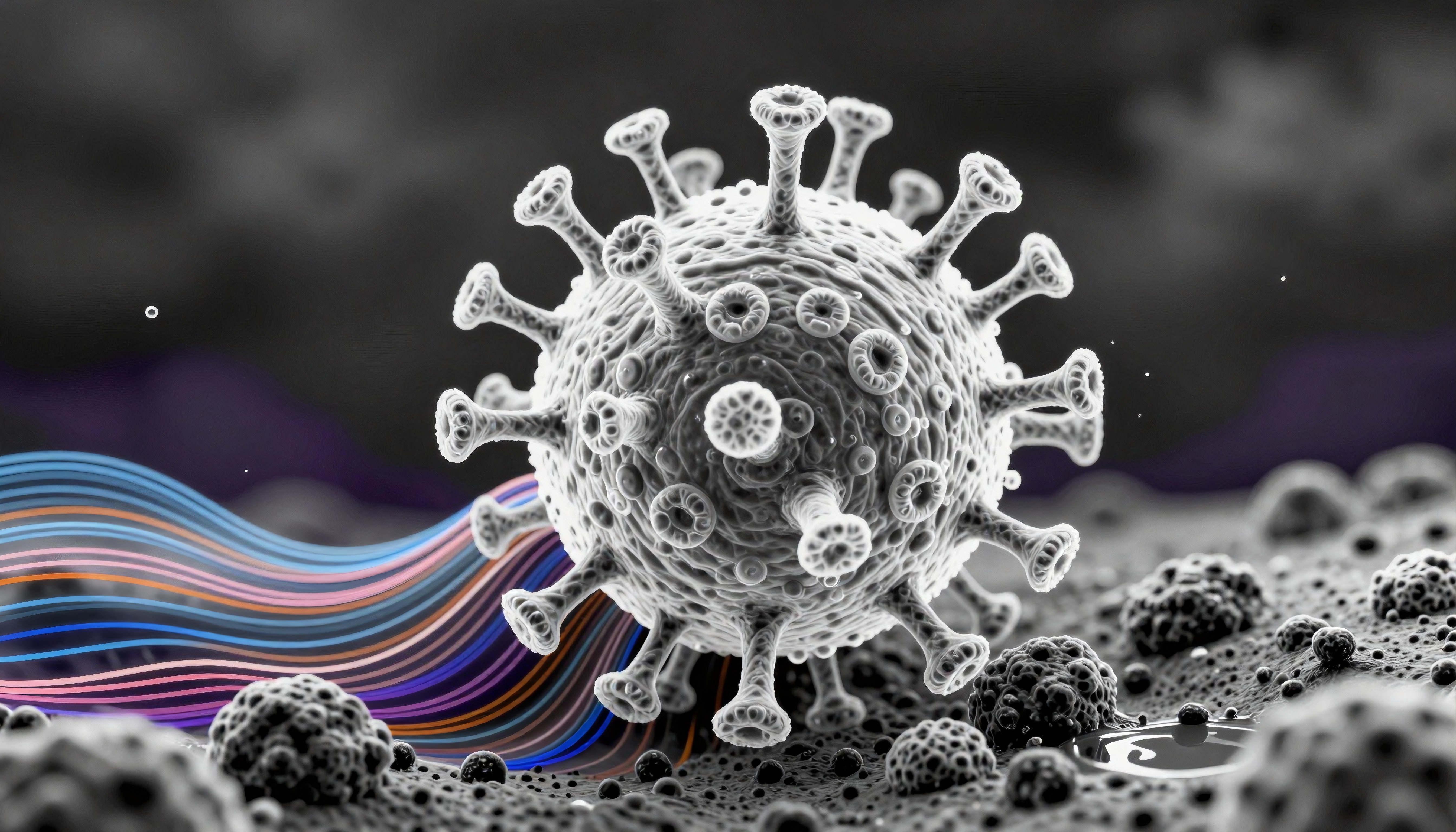 A stylized image of a virus with colorful accents on a microscopic scale.