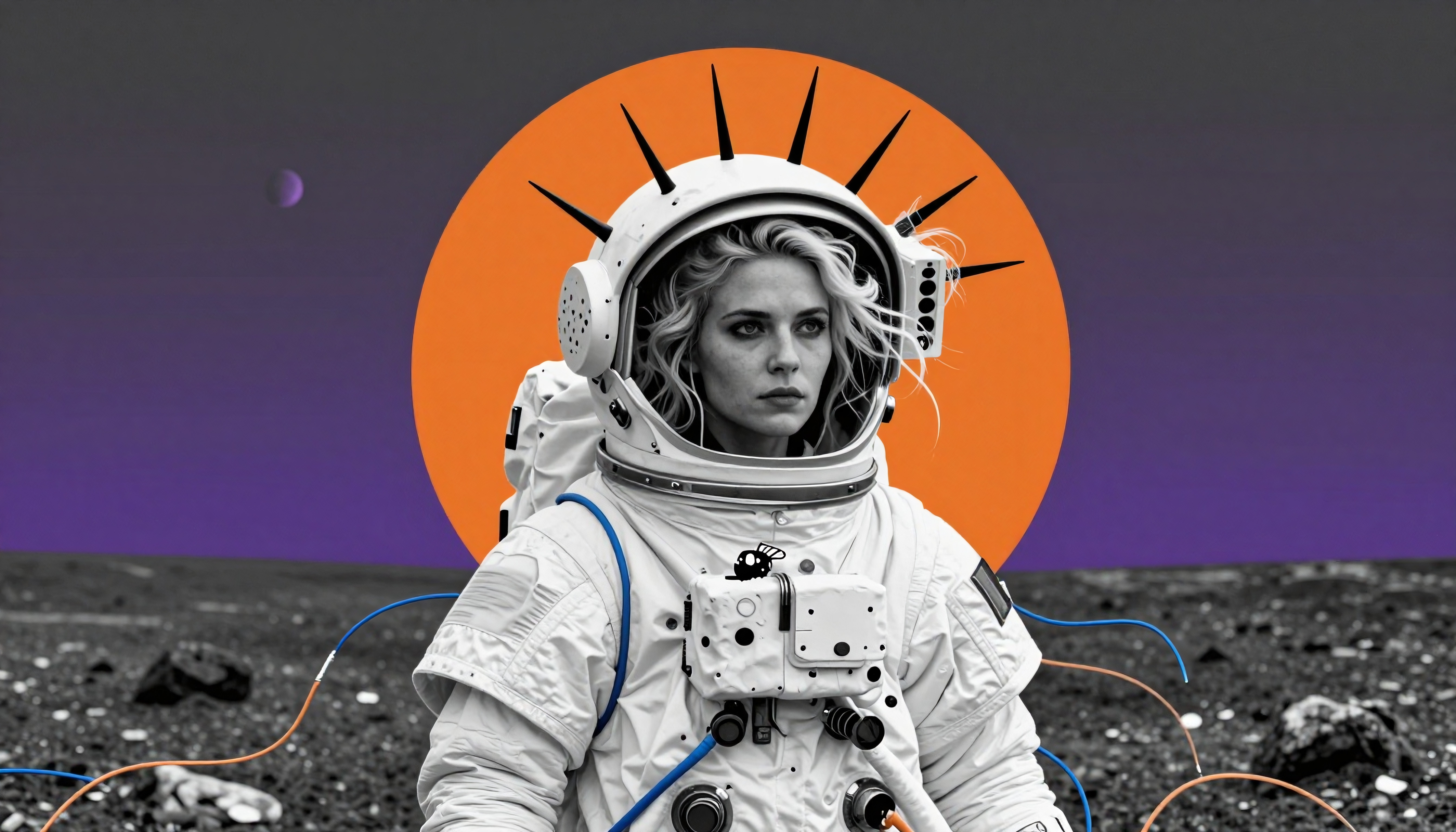 A futuristic astronaut stands on alien terrain with vivid colors.
