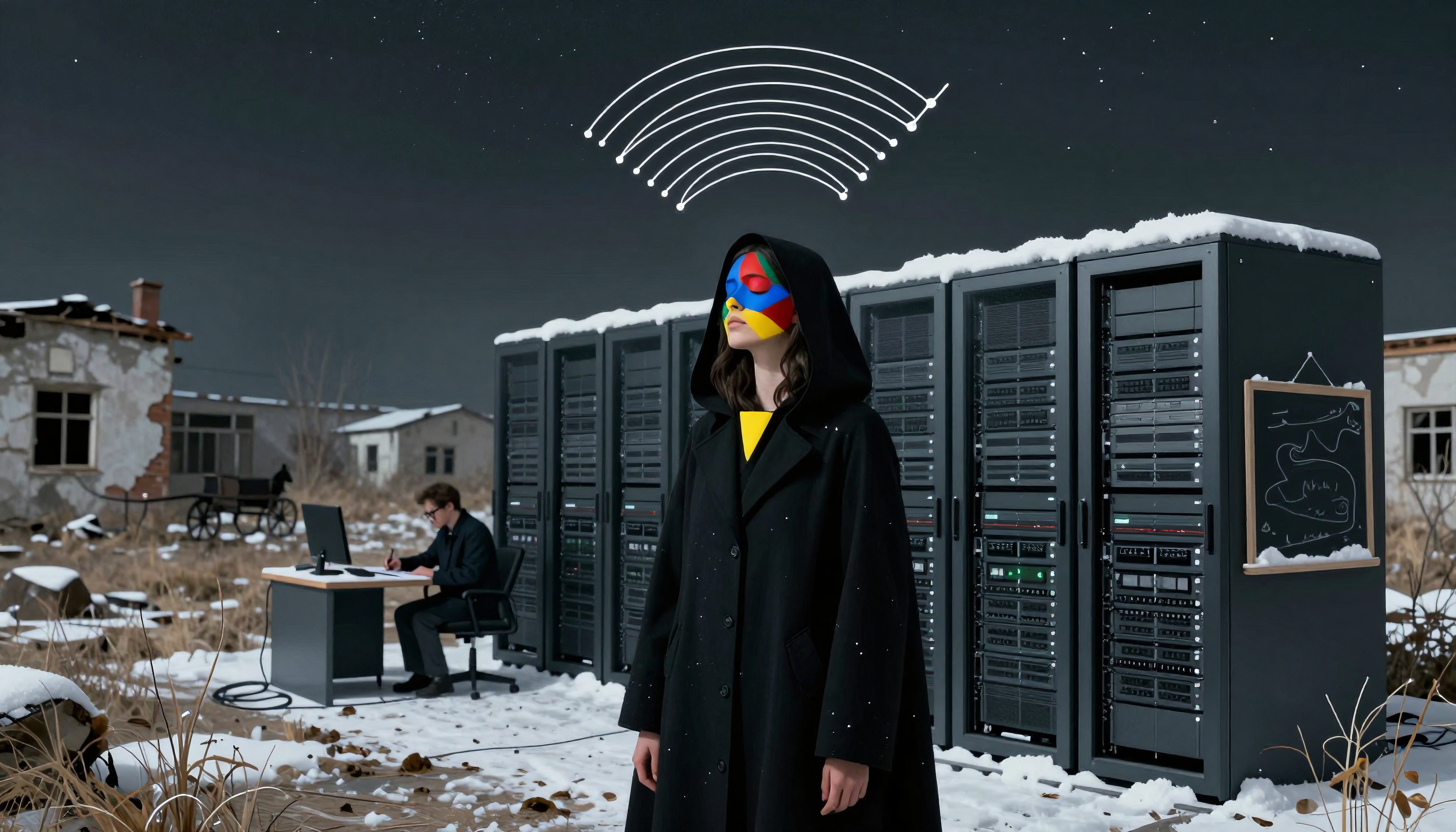 A woman in a cloak with a geometric mask stands by servers in a snowy, rural landscape, with a man working nearby.