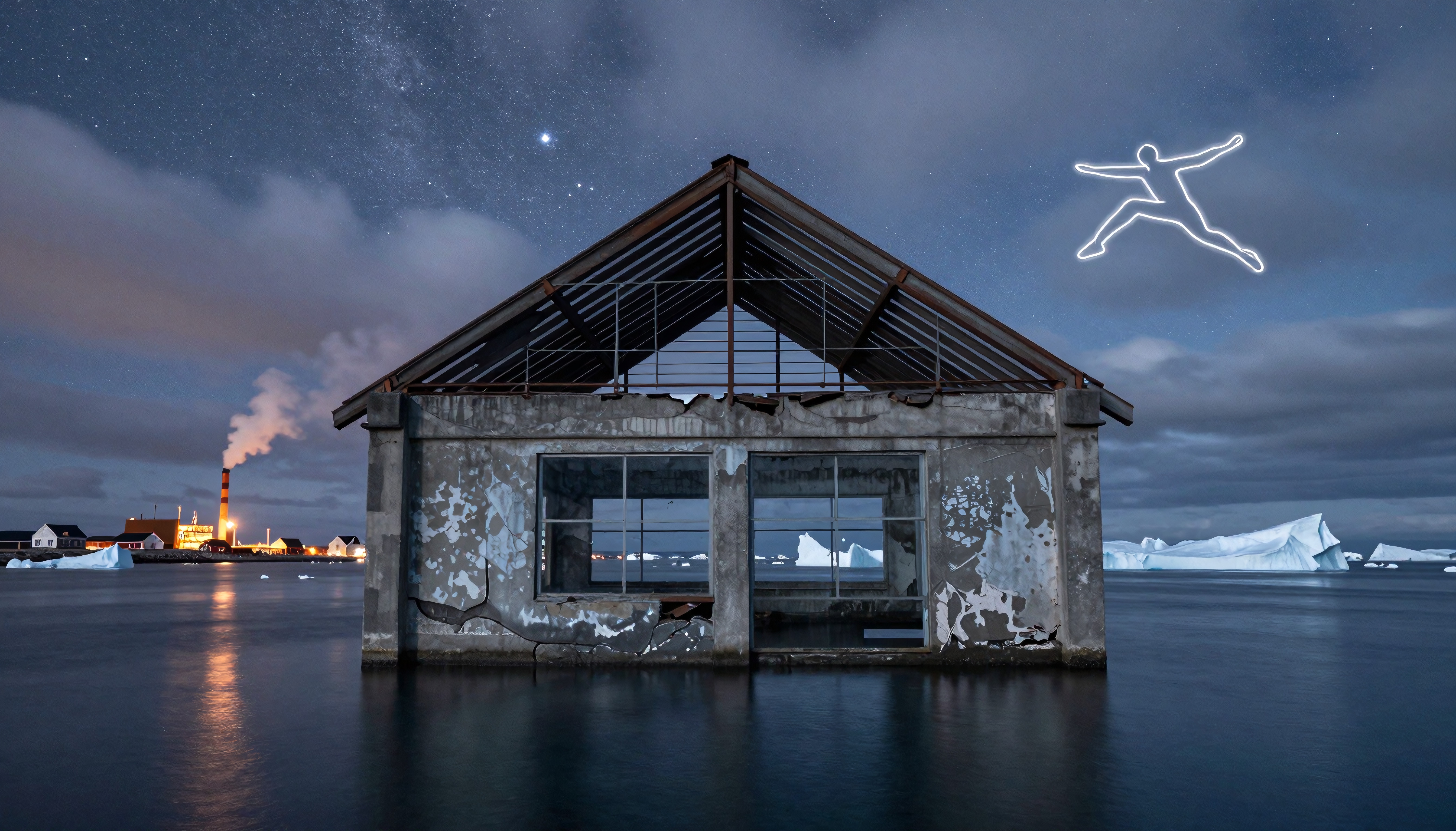 An industrial coastal scene with an old submerged building under a starry night sky.