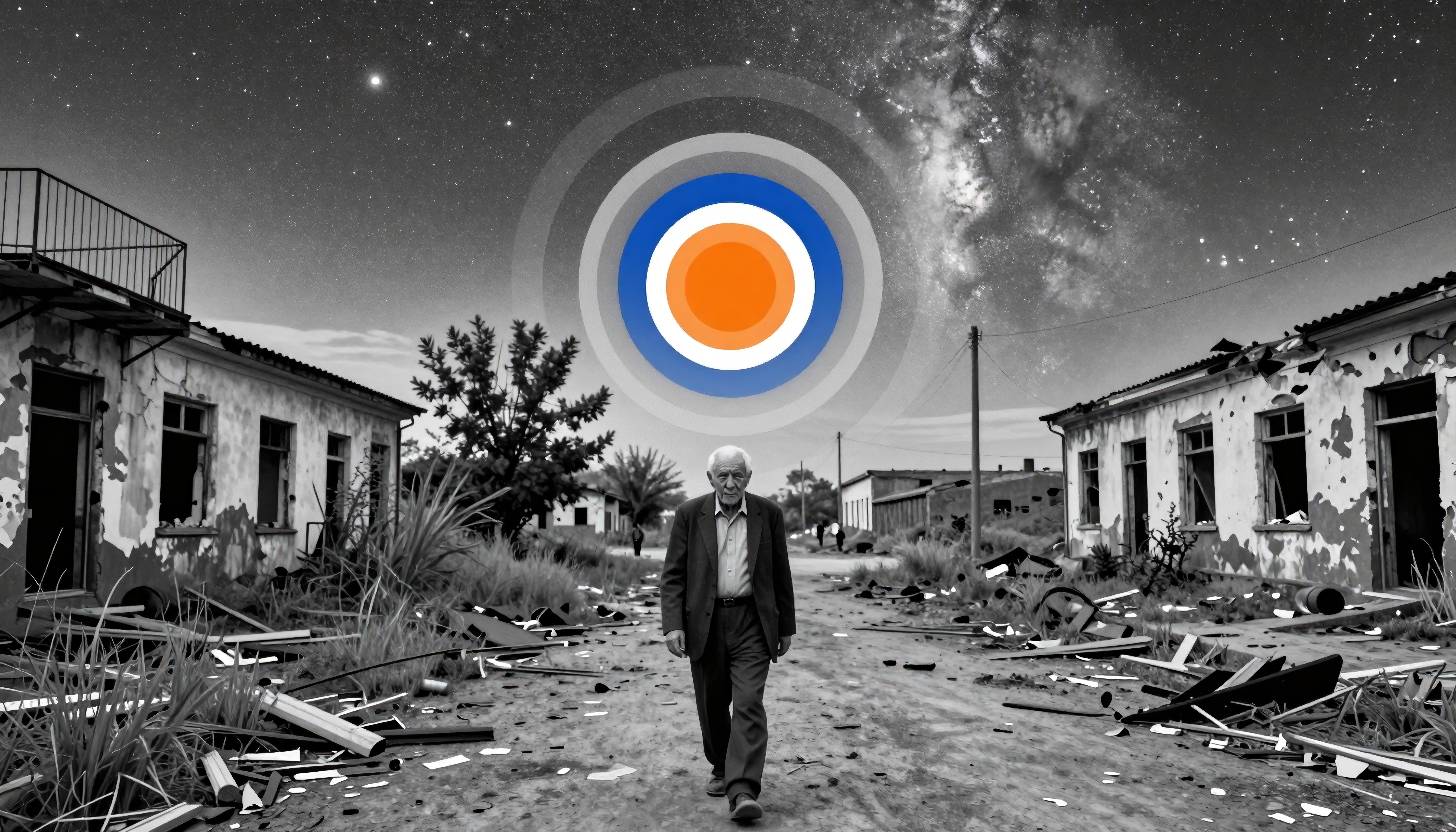 An elderly man walks through an abandoned street under a surreal cosmic sky, surrounded by decaying buildings and debris.