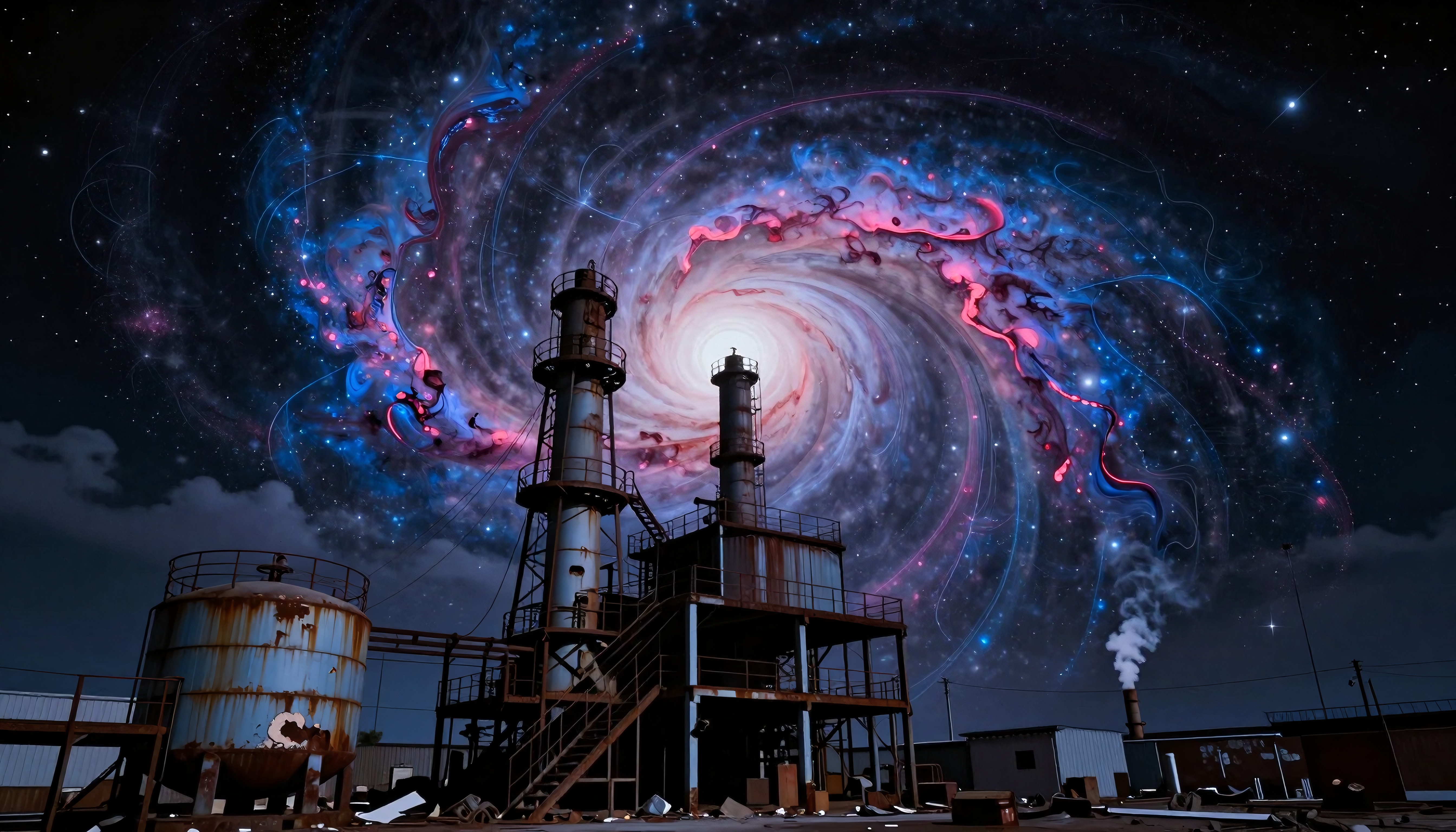 The rusty industrial structures stand against a swirling galaxy, creating a striking night sky contrast.