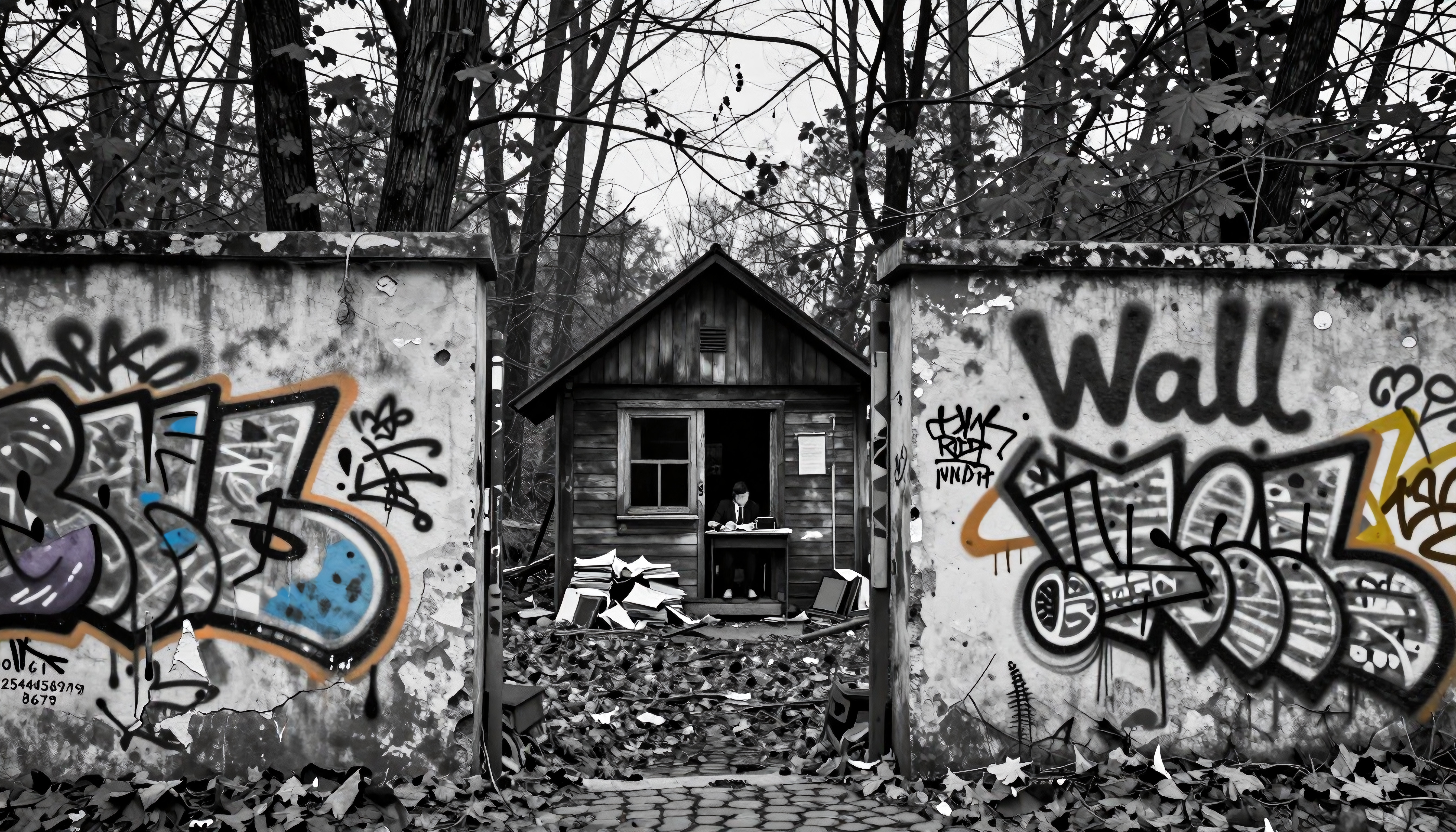 Abandoned wooden cabin with graffiti on walls, surrounded by leafless trees and fallen leaves, indicating urban decay.